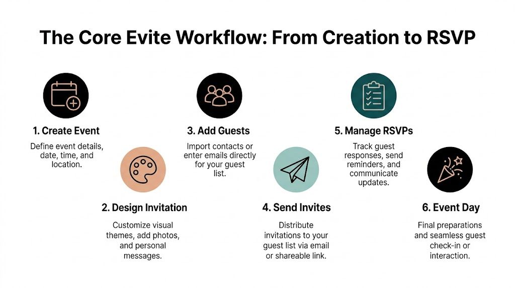 An infographic showing a six-step workflow process for creating and managing event invitations on the Evite platform.