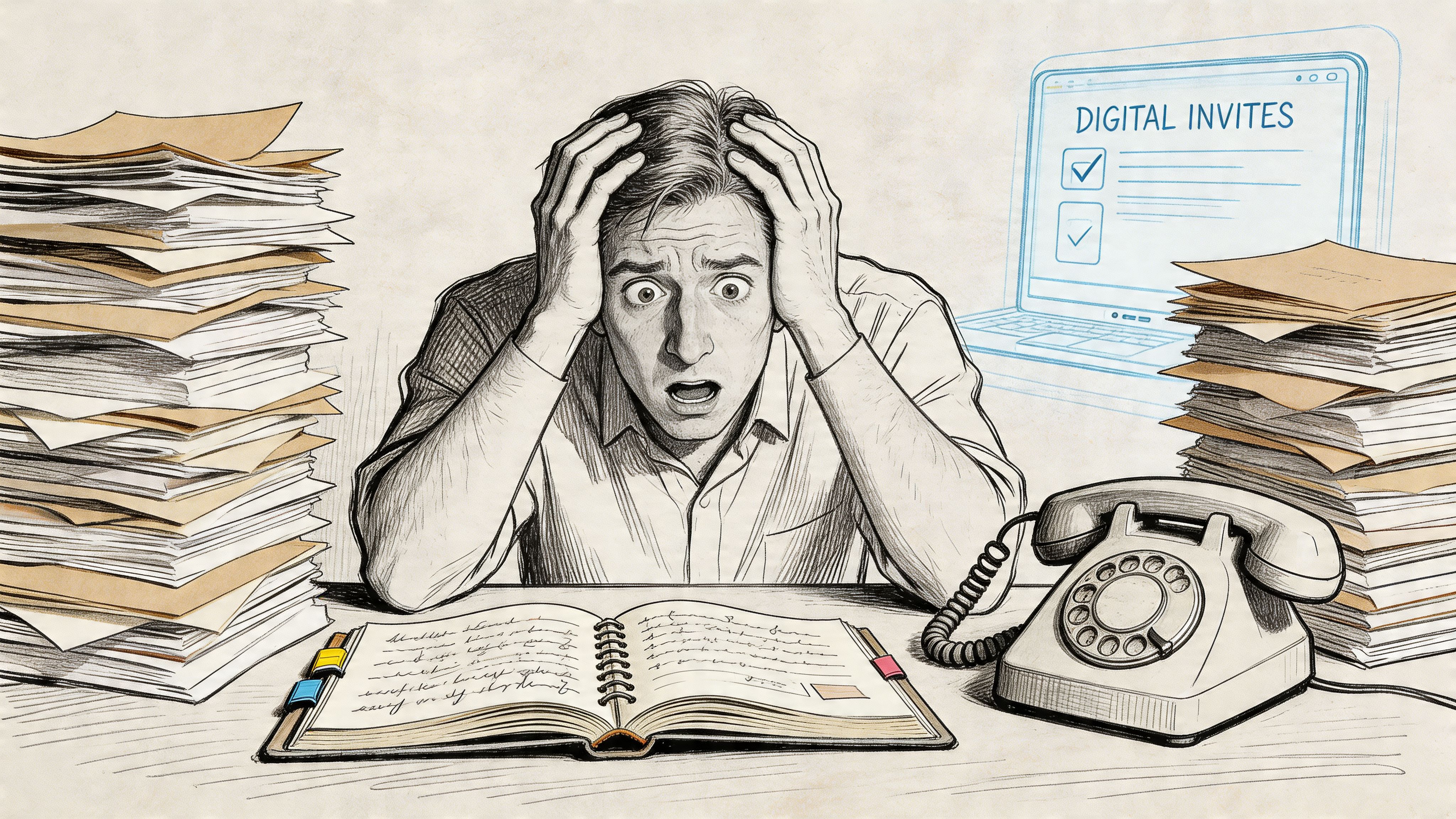 A stressed man overwhelmed by piles of paperwork with a digital invitation interface visible in the background.