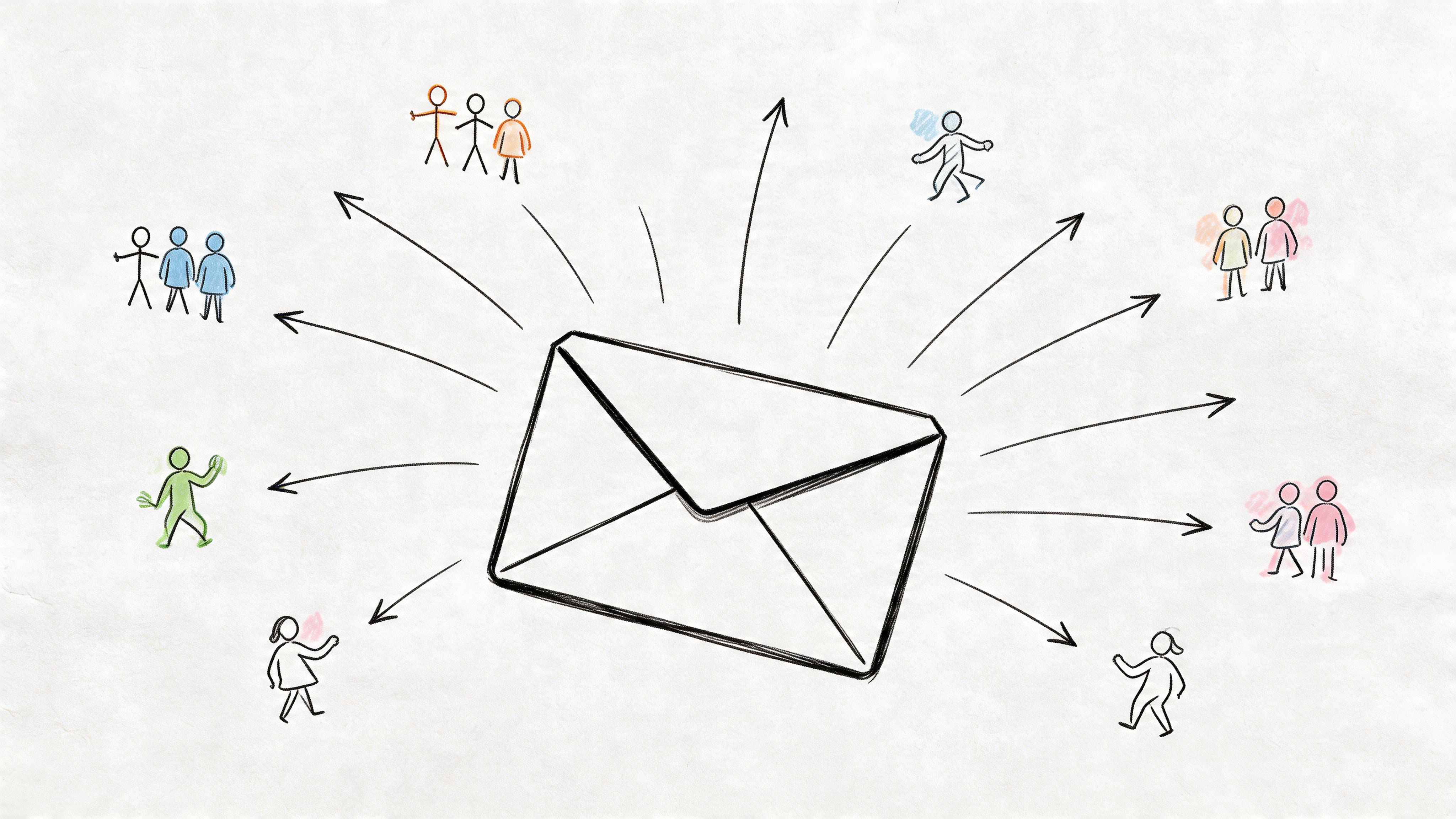 A hand-drawn illustration showing an envelope symbol distributing messages to various groups of stick figures.