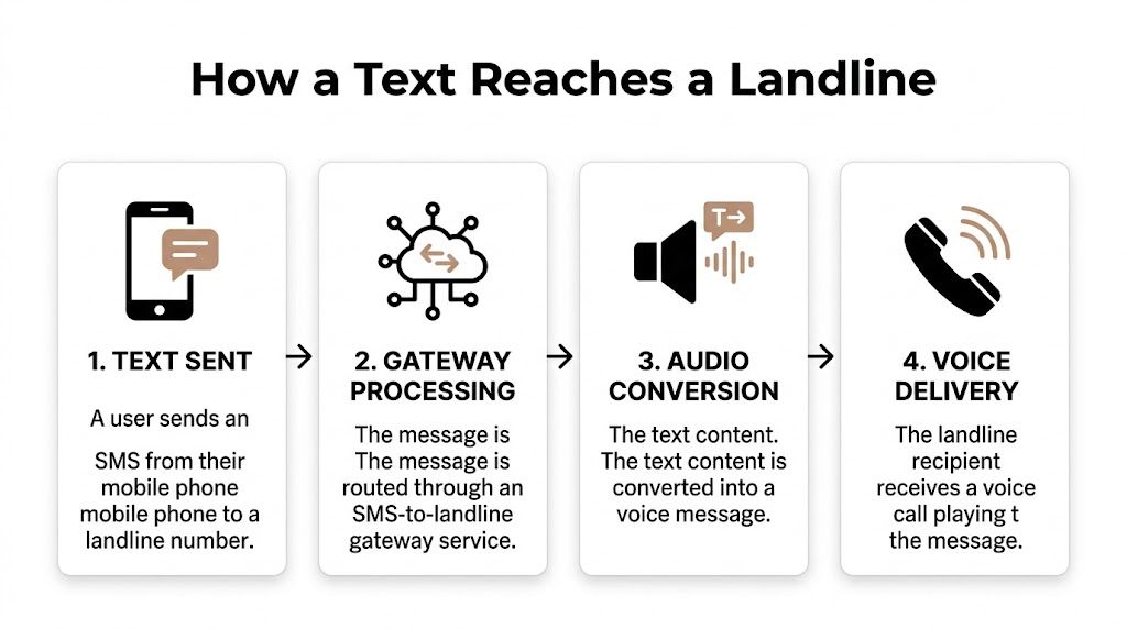 A diagram illustrating the four steps of how a text message is sent to a landline number.