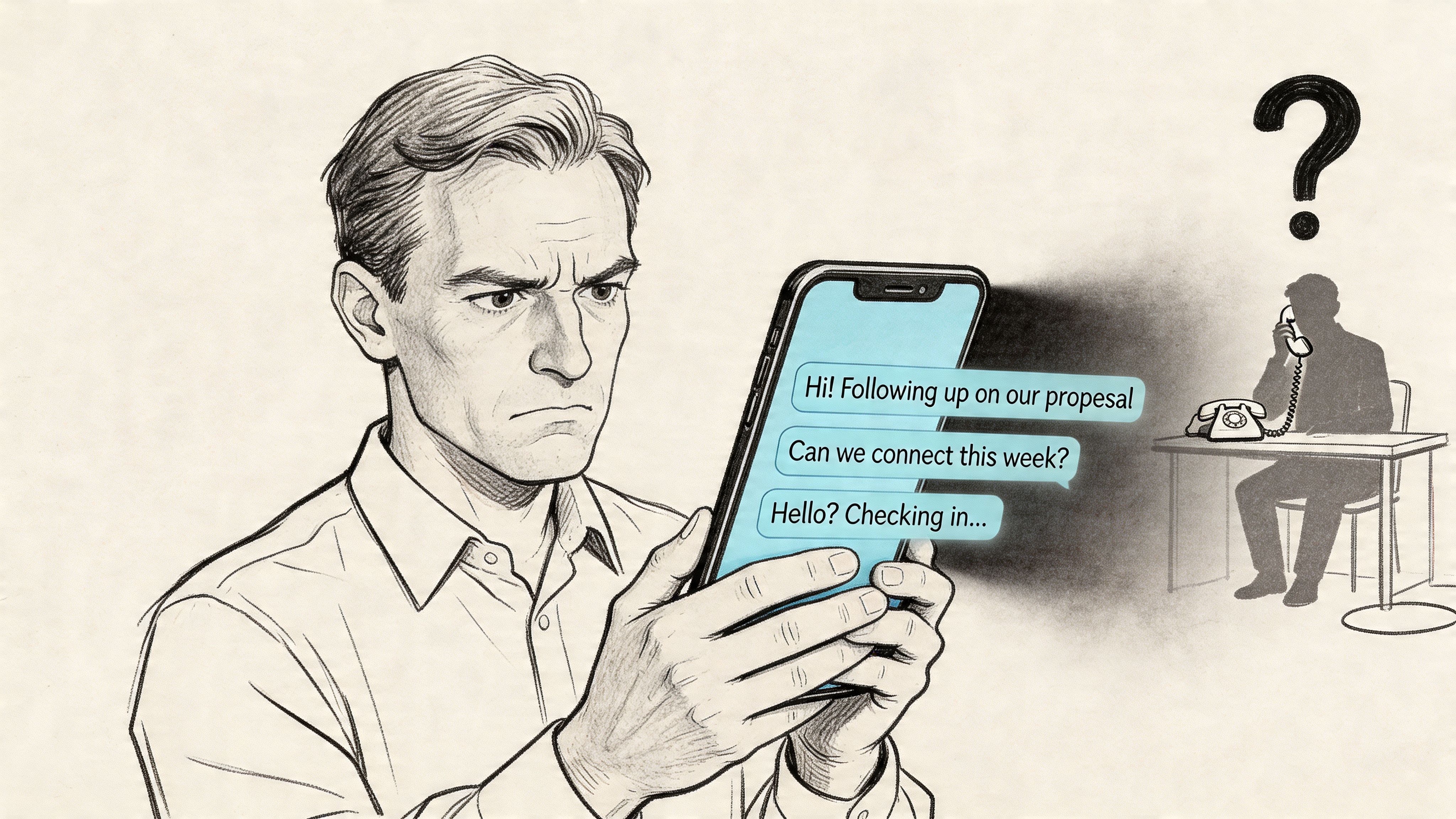 A man looks frustrated while checking his phone for replies to sent messages as a businessman calls.