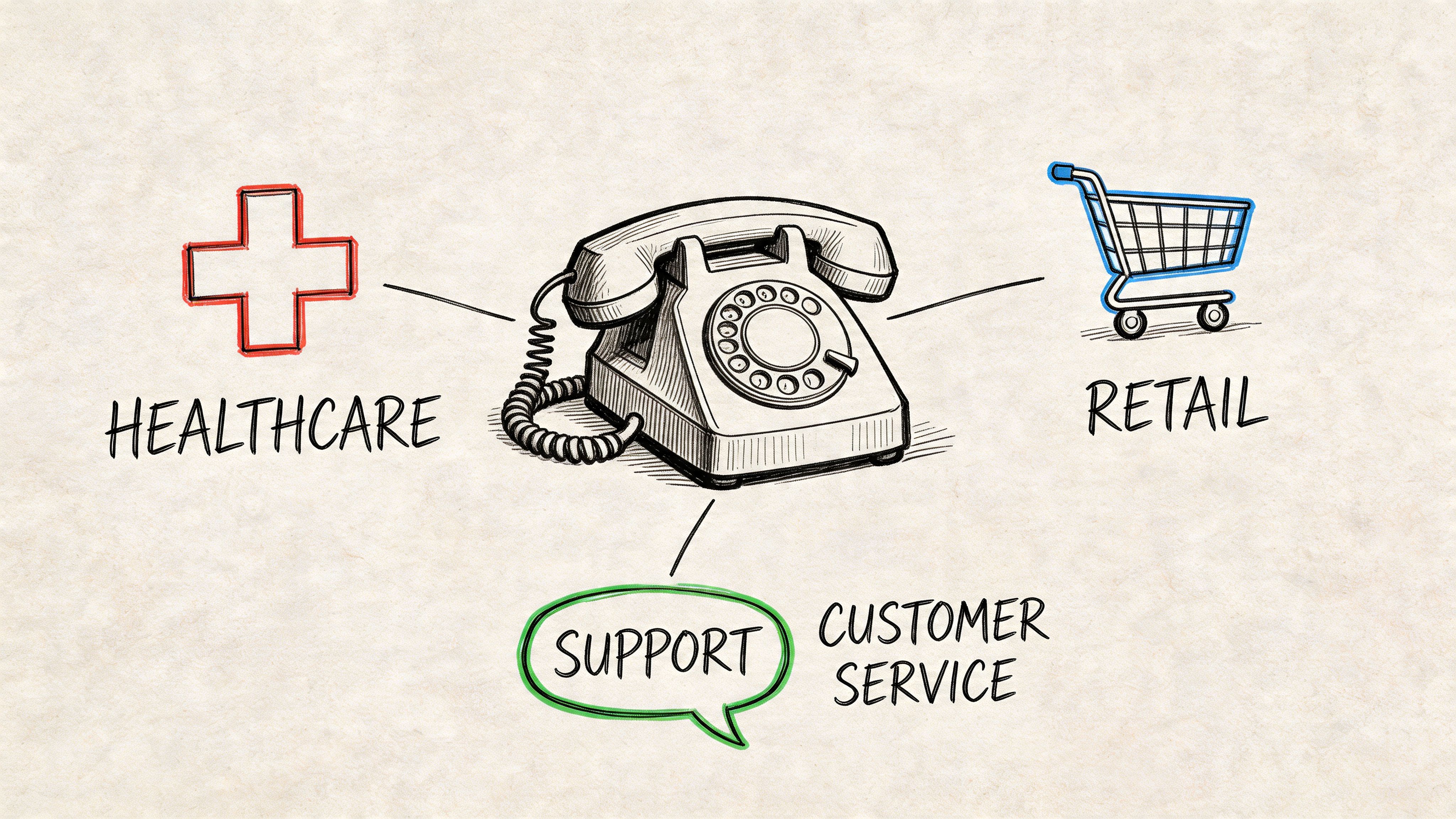 A hand-drawn illustration showing a central landline phone connecting to healthcare, retail, and customer support icons.