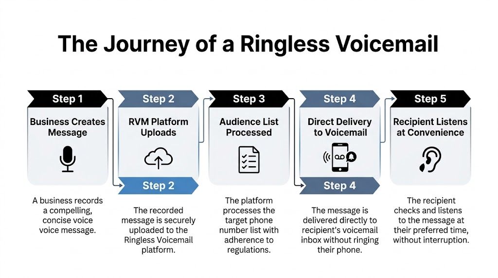 A diagram illustrating the five-step process of how ringless voicemail marketing works for a business campaign.