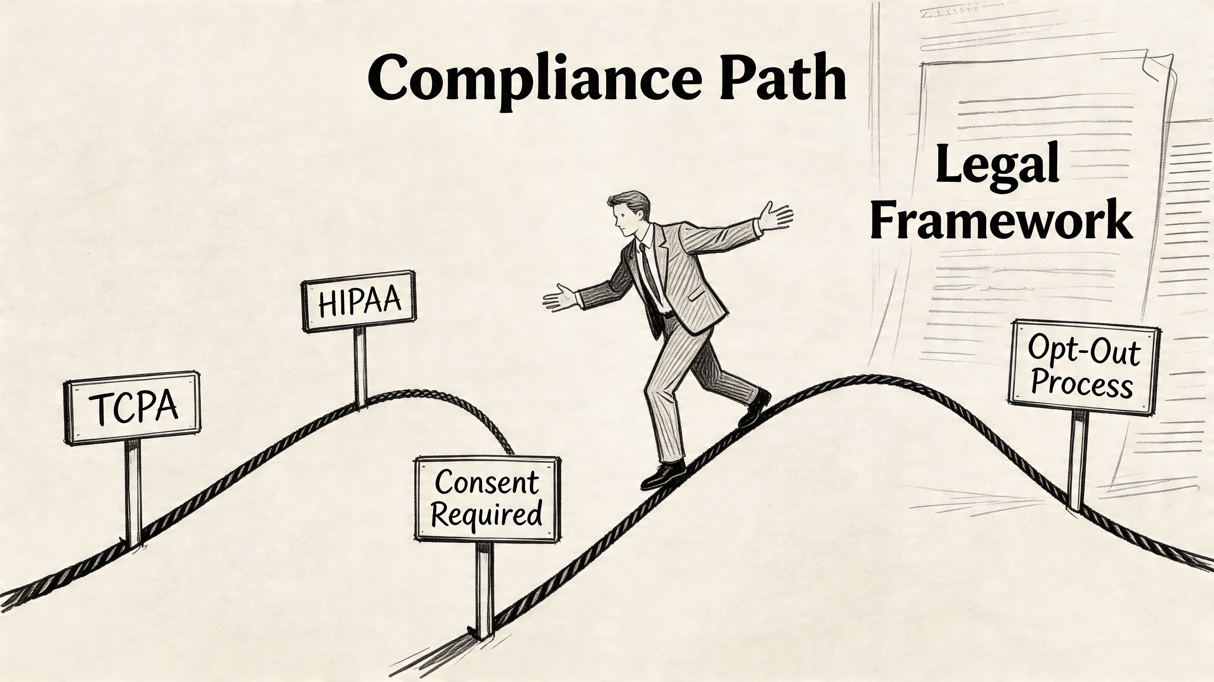 A conceptual illustration of a business professional walking a tightrope labeled with legal compliance regulations.