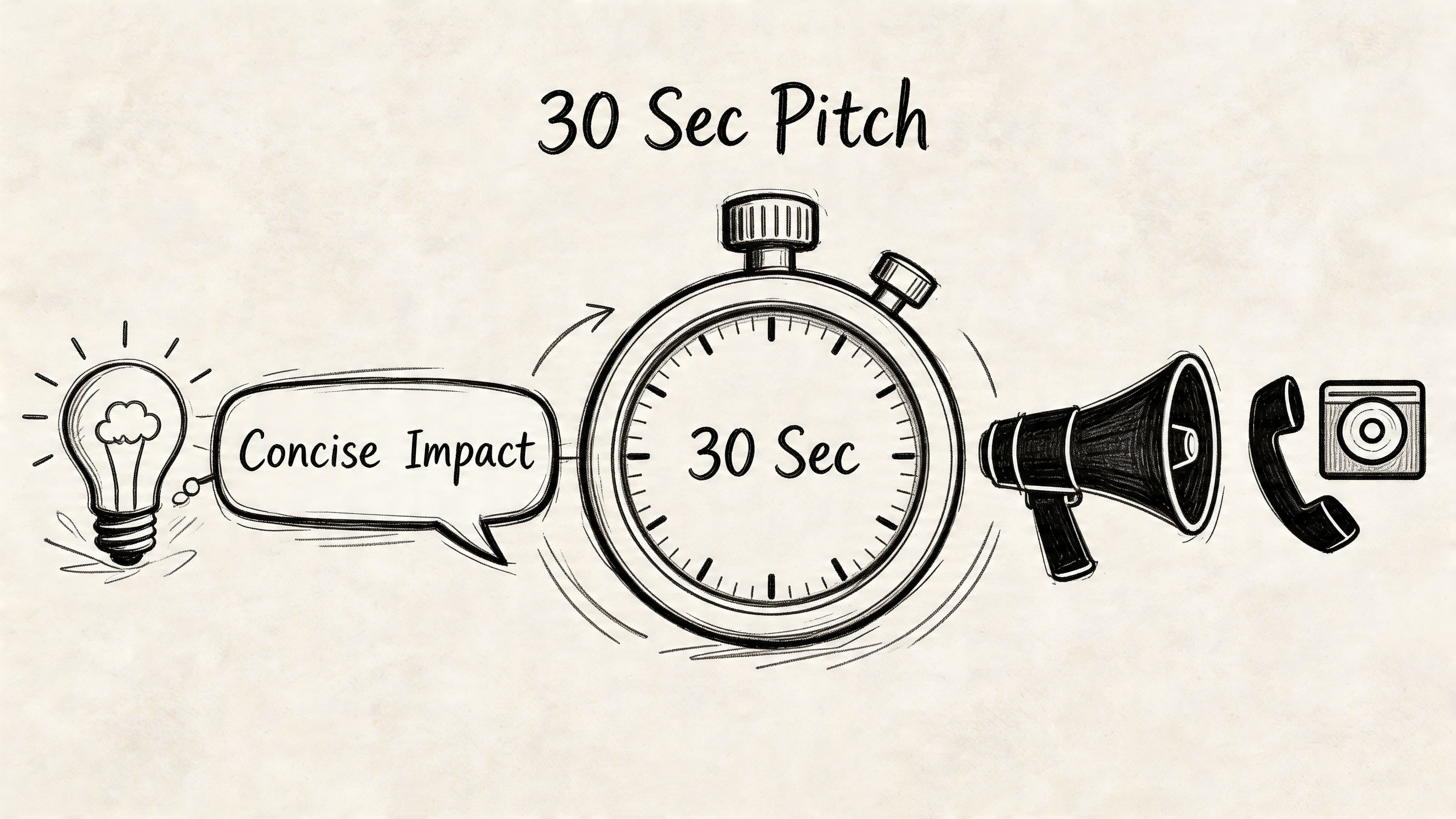 A hand-drawn sketch illustrating a 30 second elevator pitch concept involving an idea, speech bubble, and communication.