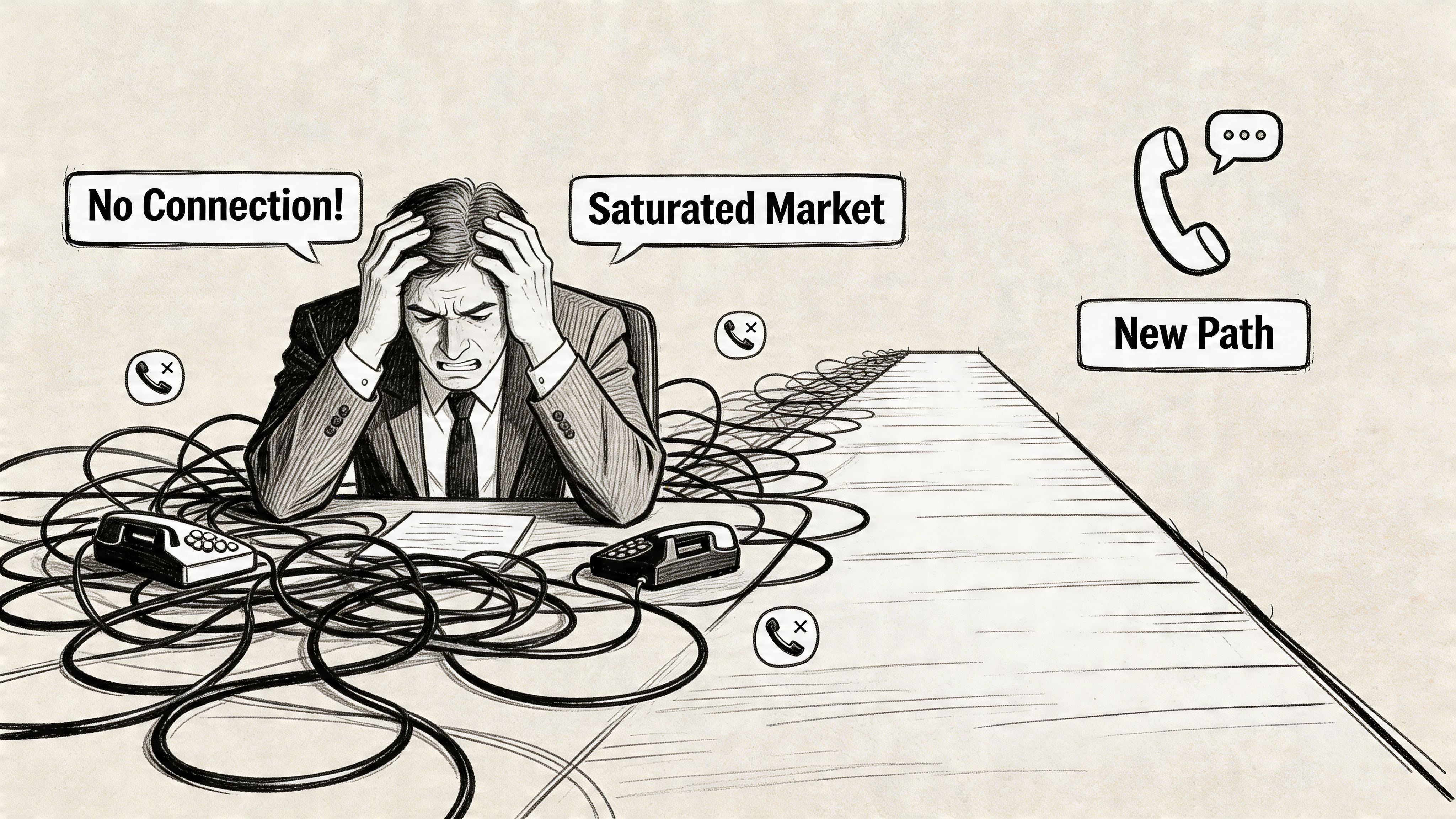 A frustrated businessman sits at a desk overwhelmed by tangled telephone wires and communication failure obstacles.
