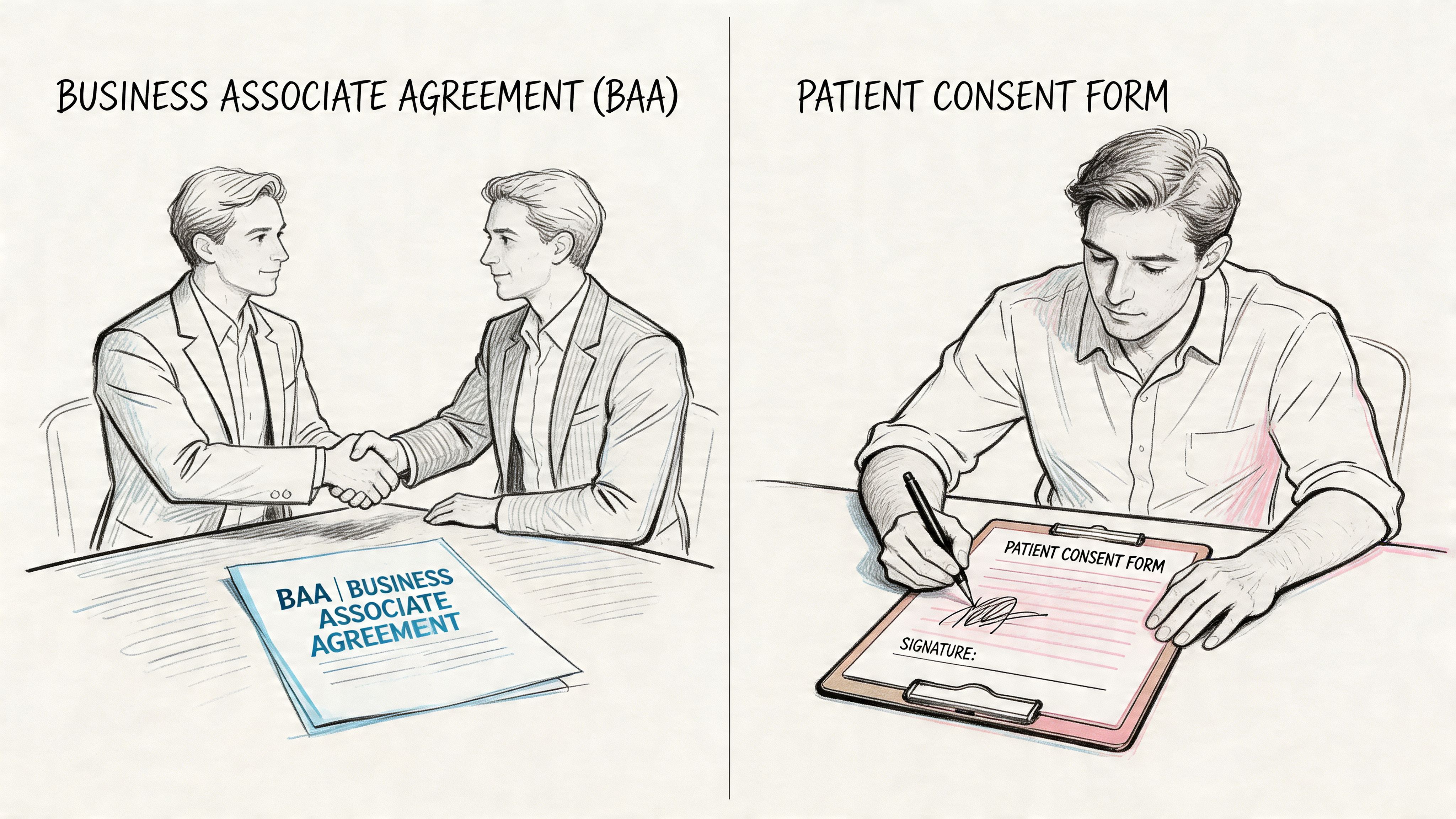 An illustration comparing a business associate agreement handshake to a patient signing a medical consent form.
