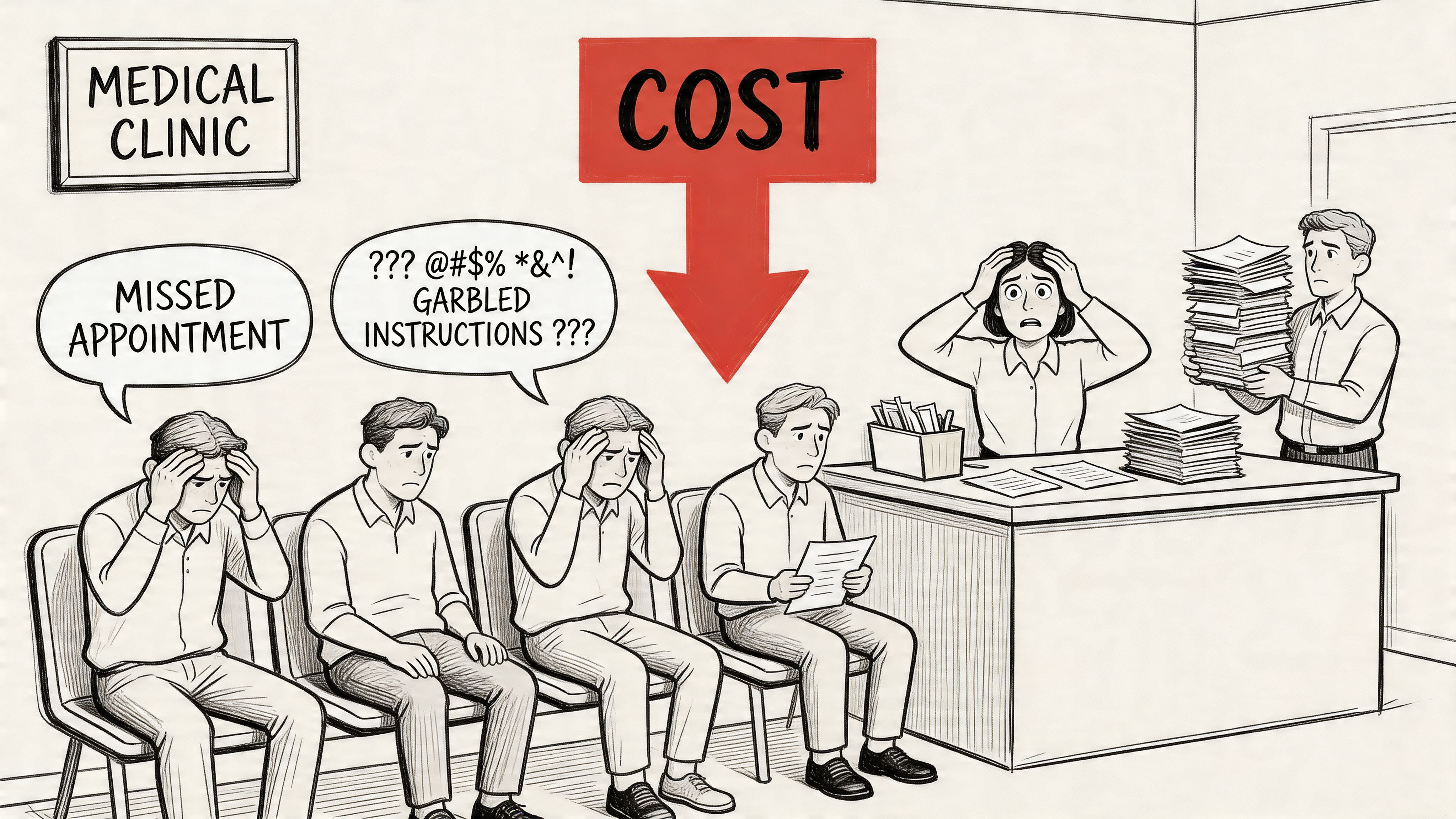 A line drawing depicting frustrated patients at a medical clinic office with excessive paperwork and administrative communication issues.