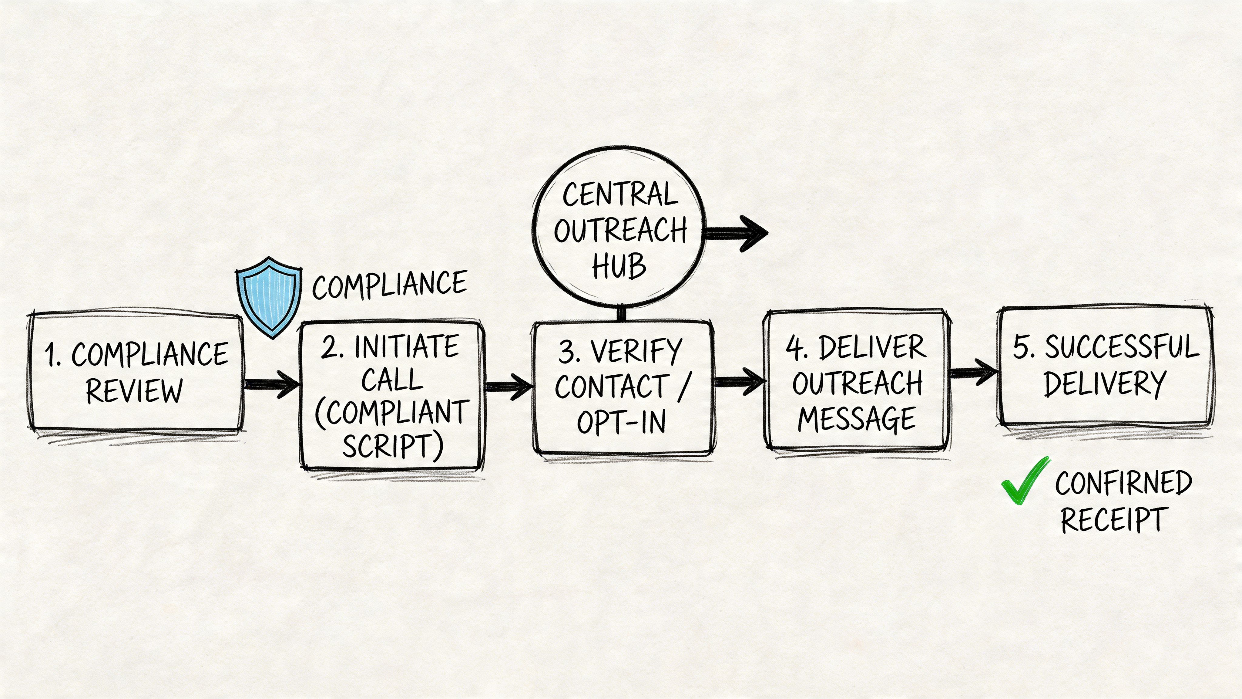 A five step business workflow diagram illustrating a compliant outreach communication process from review to delivery.