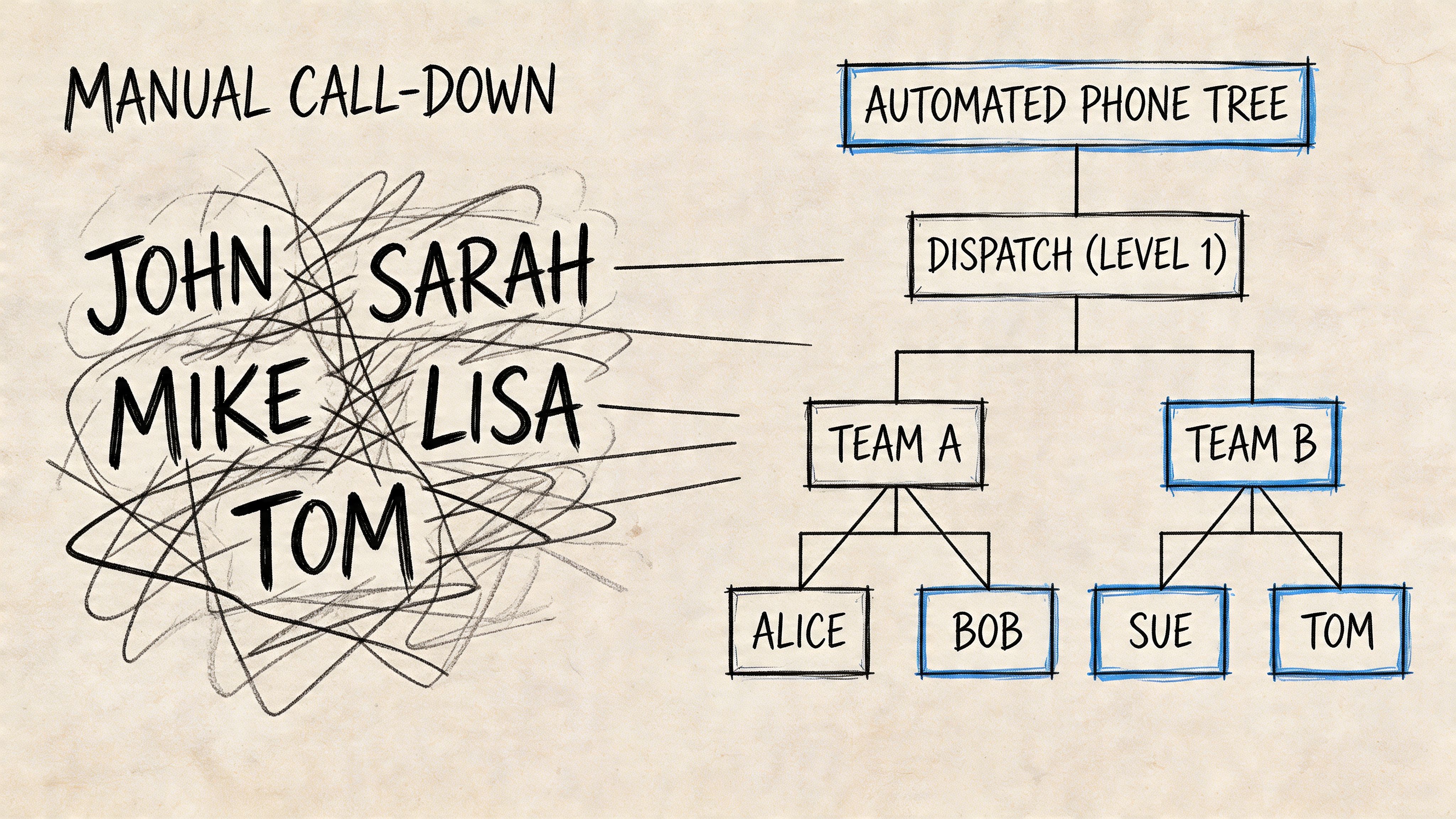 A diagram comparing a chaotic manual call-down list with a structured, organized automated phone tree system.