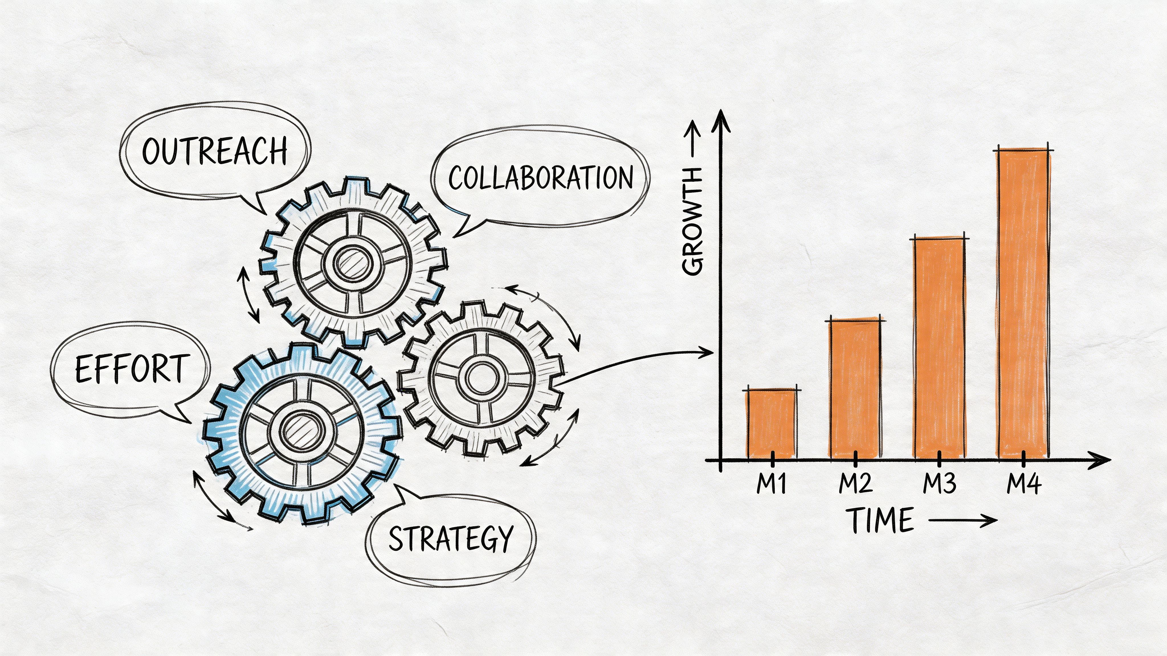 A hand-drawn illustration showing interlocked gears labeled outreach, collaboration, effort, and strategy leading to a growth chart.
