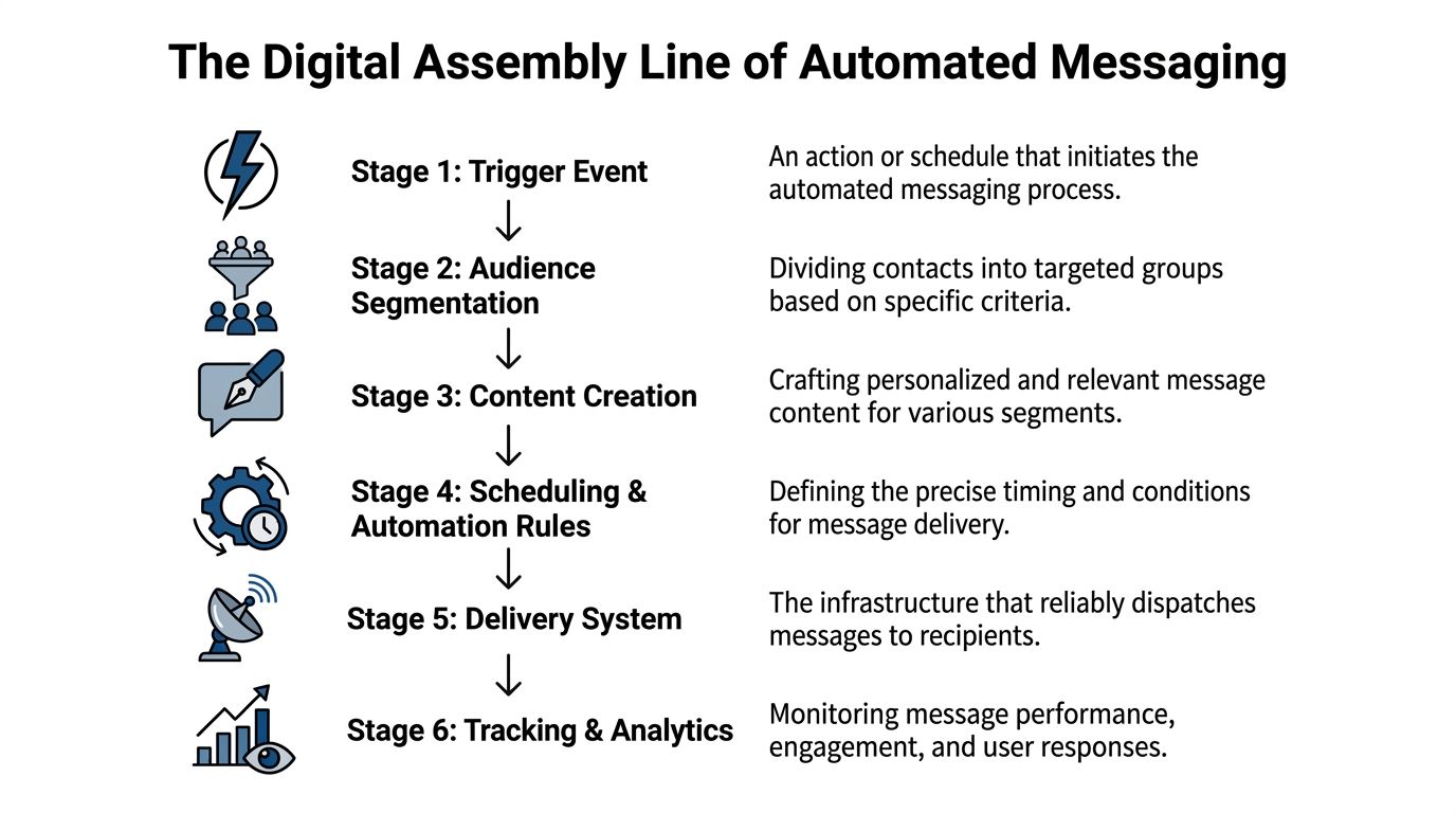 A diagram illustrating the six stages of a digital assembly line for automated messaging processes.