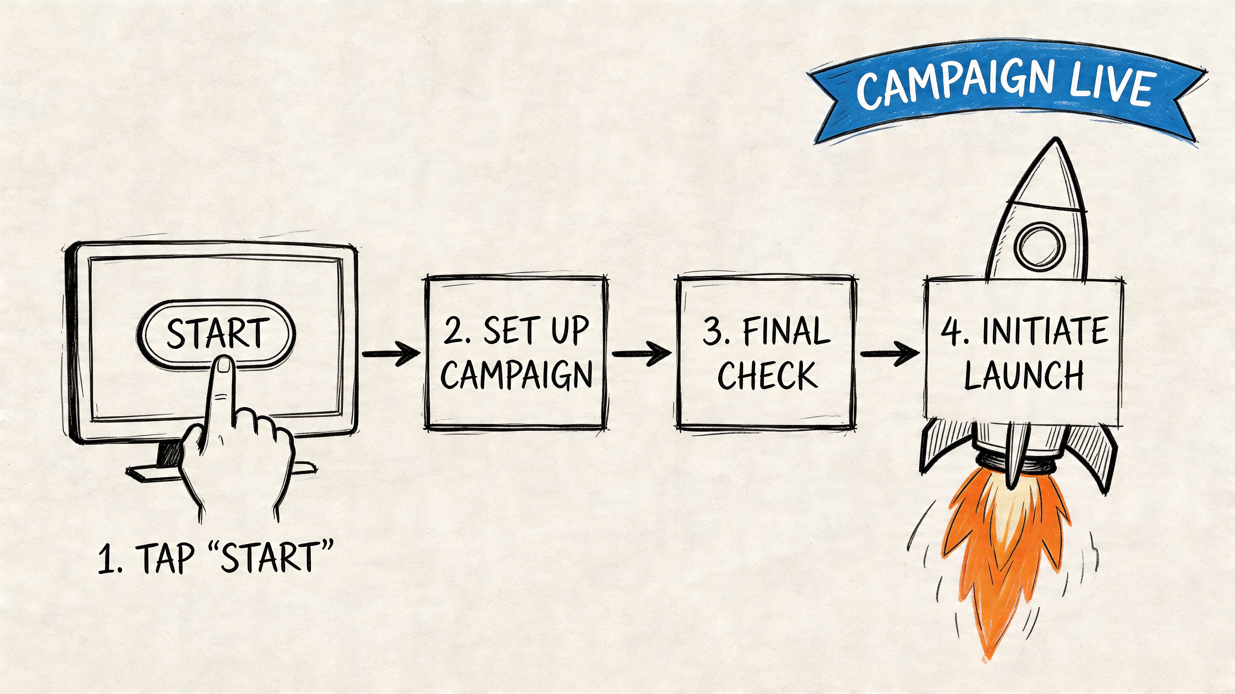 A hand-drawn illustration showing a four-step process to launch a marketing campaign on a computer.