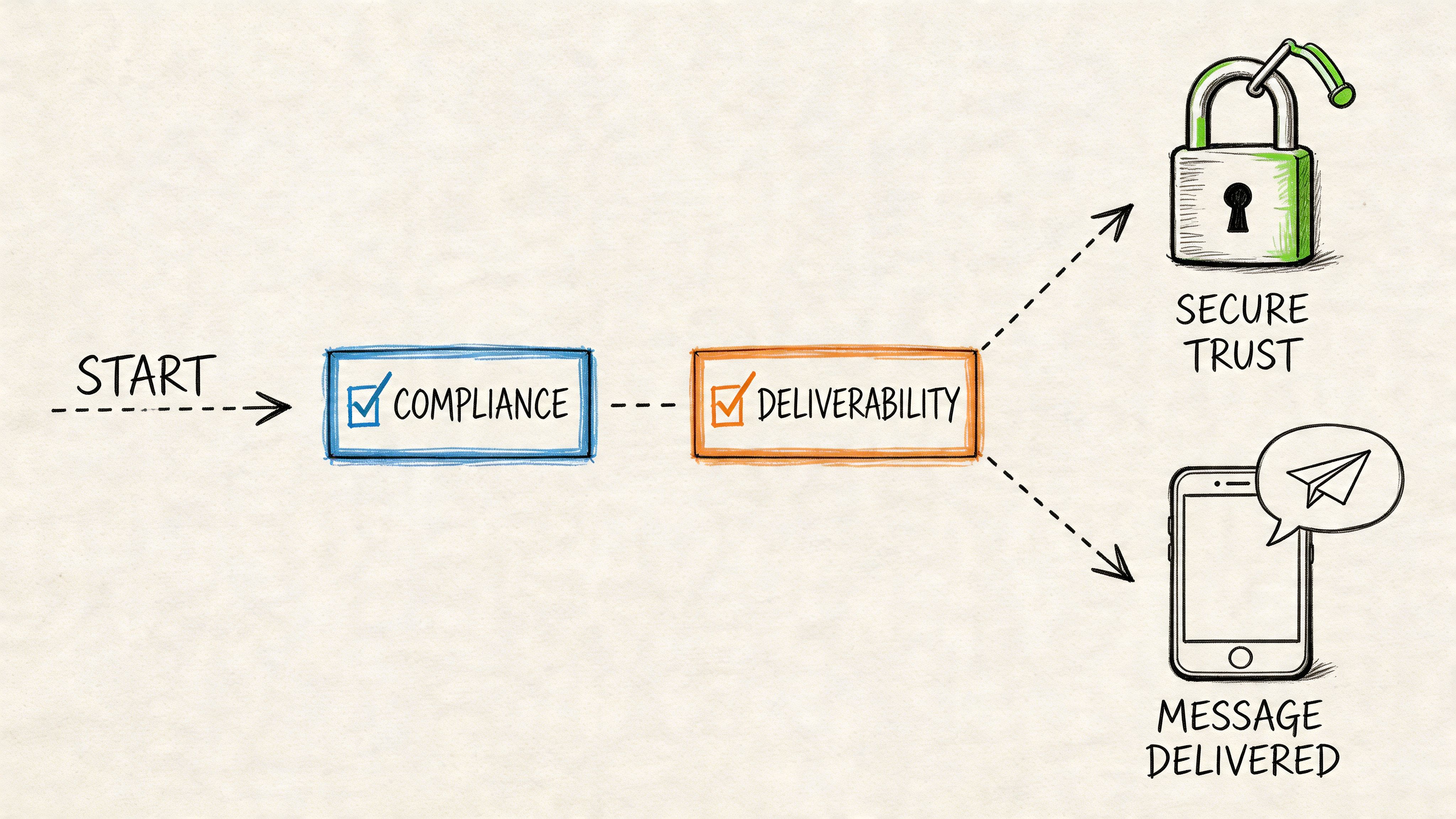 A flowchart showing a process starting at compliance and deliverability, leading to secure trust and messages delivered.