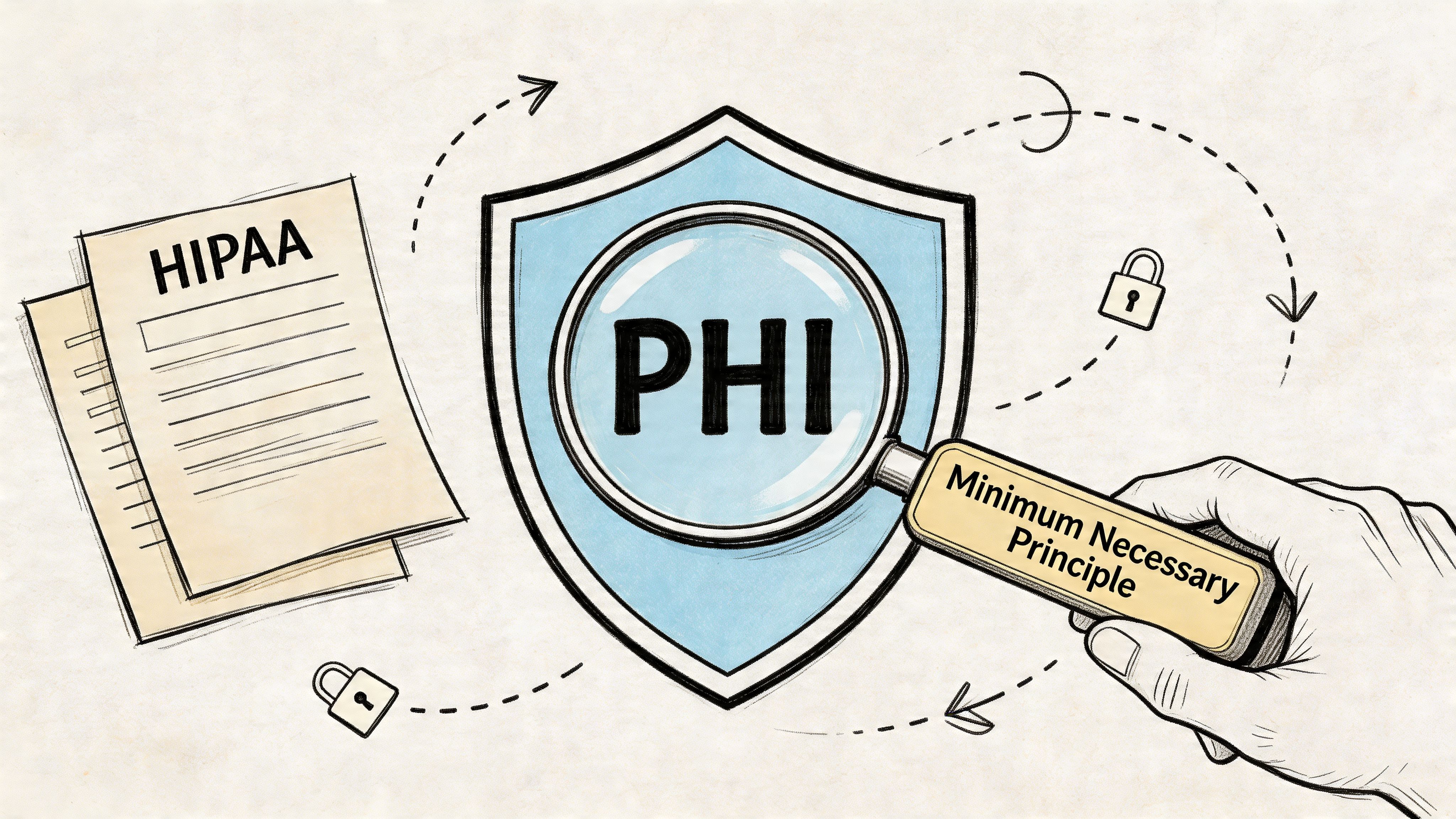 A hand holding a magnifying glass over a shield icon with PHI, illustrating HIPAA data protection guidelines.
