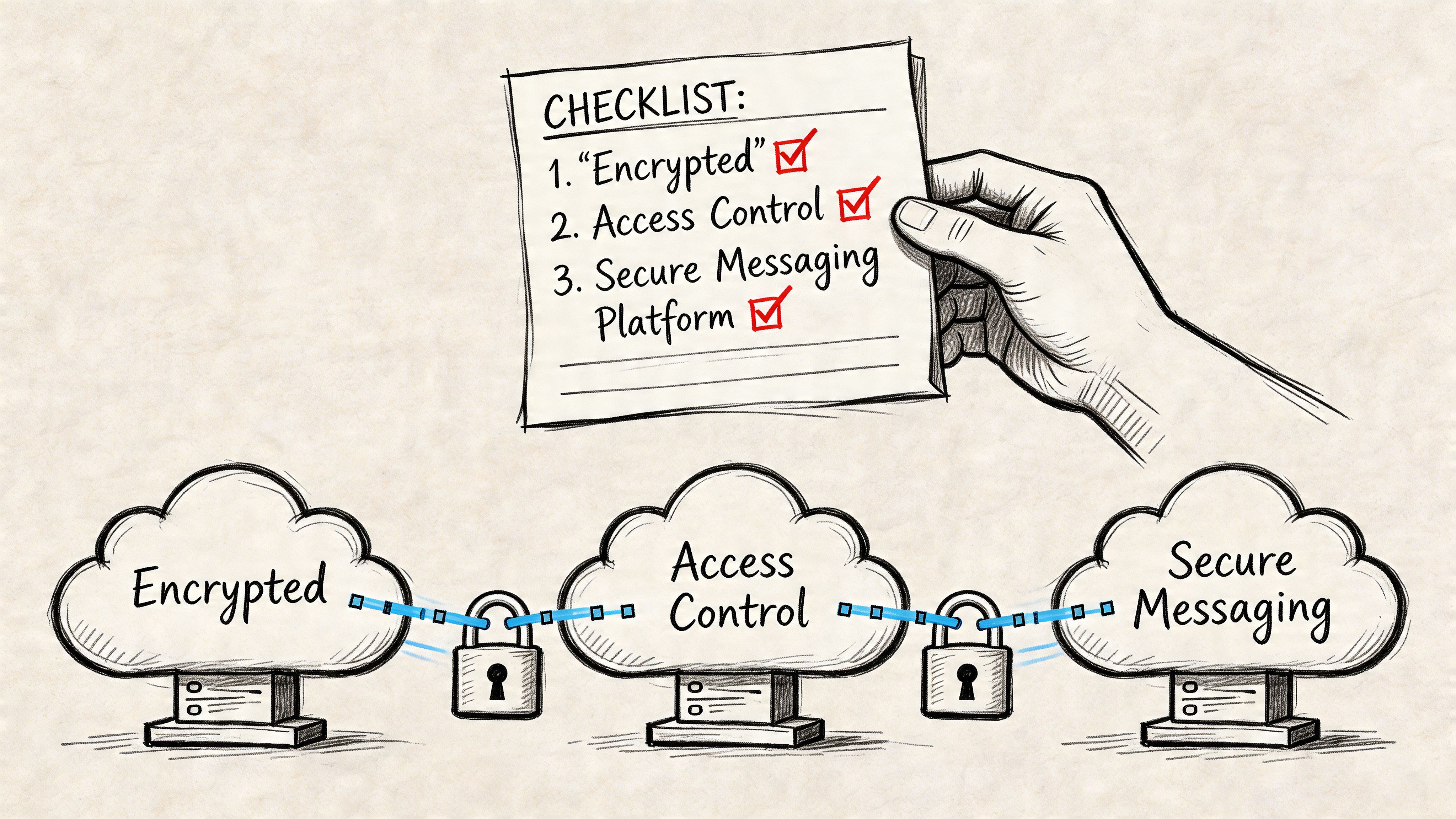 A hand holding a checklist of security measures featuring encrypted storage, access control, and secure messaging platforms.