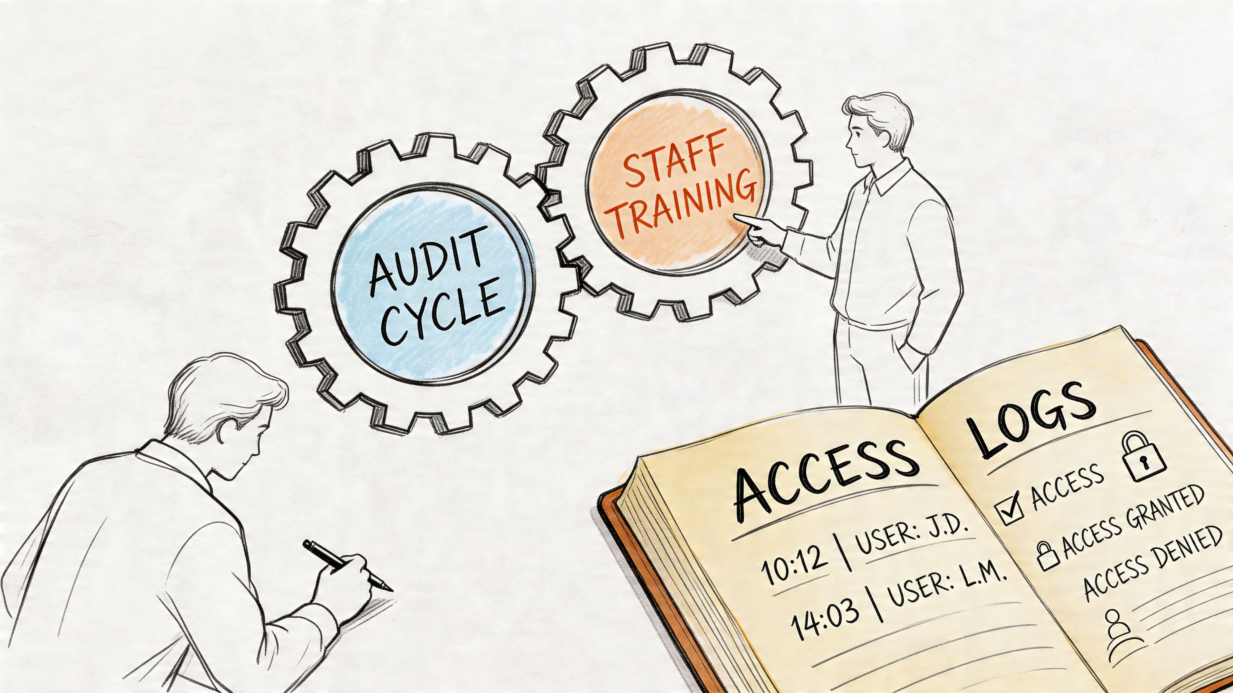 A professional illustration showing an audit cycle, staff training, and access logs for security compliance.