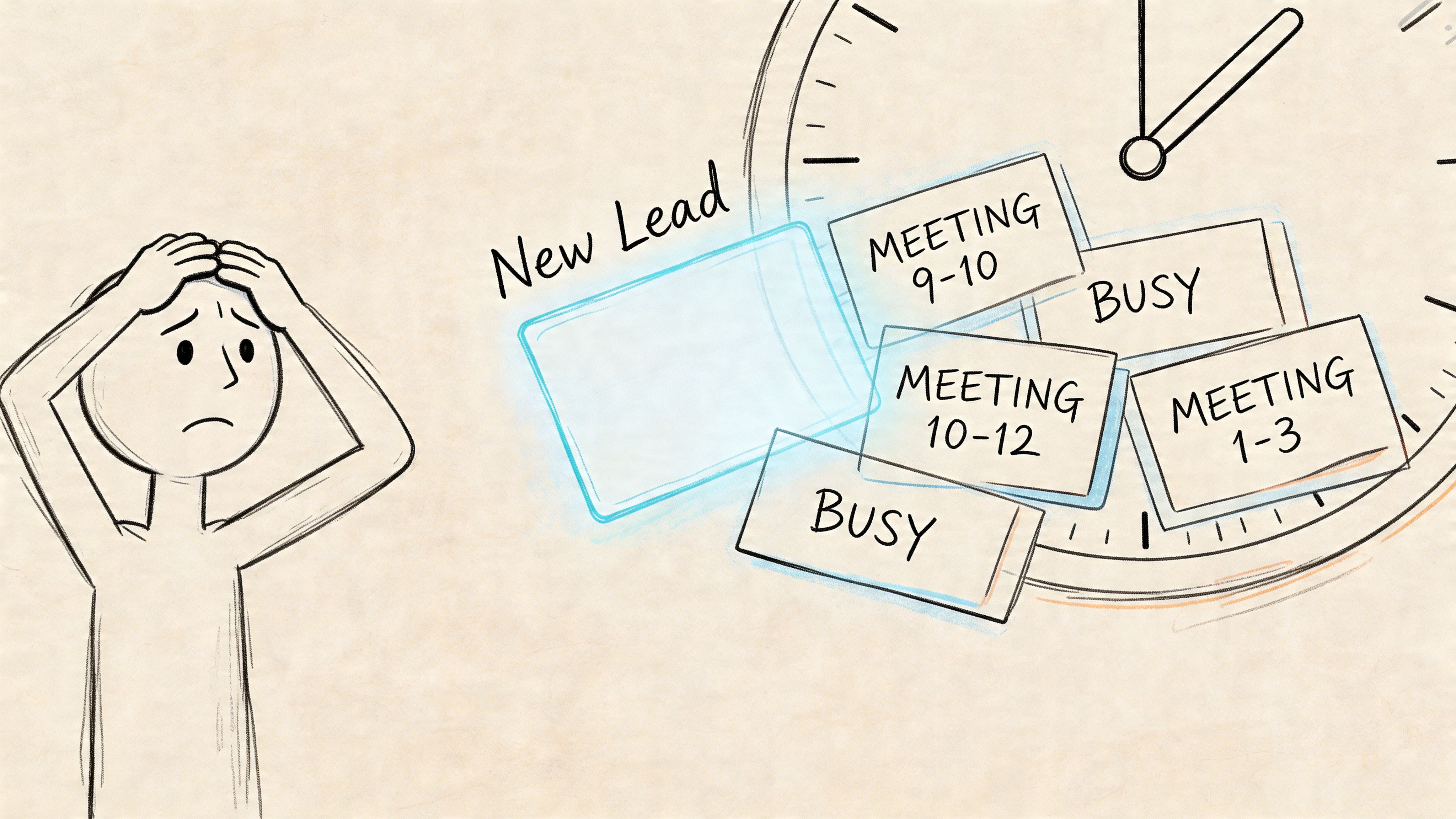 Stressed person looking at a cluttered schedule with conflicting meeting times and new lead tasks.