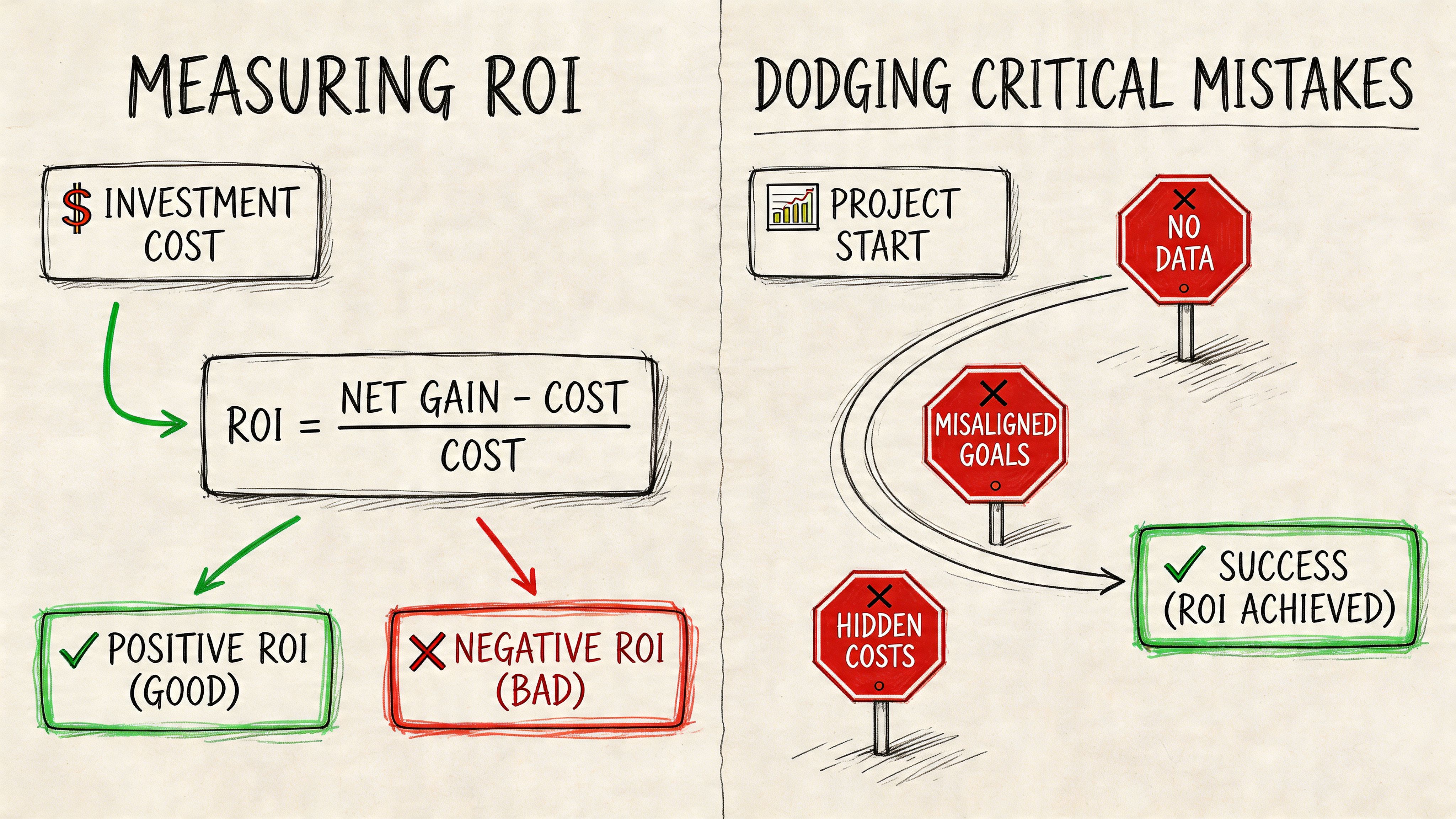 A hand-drawn illustration explaining ROI calculation and how to avoid common project management pitfalls.