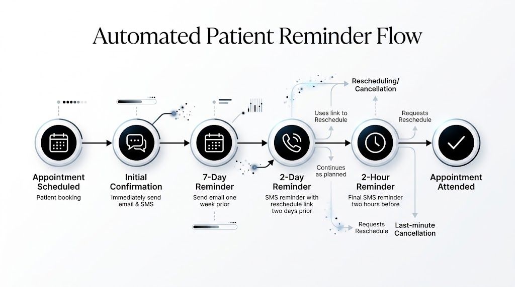 A flowchart diagram illustrating the automated patient appointment reminder process from initial booking until attendance.