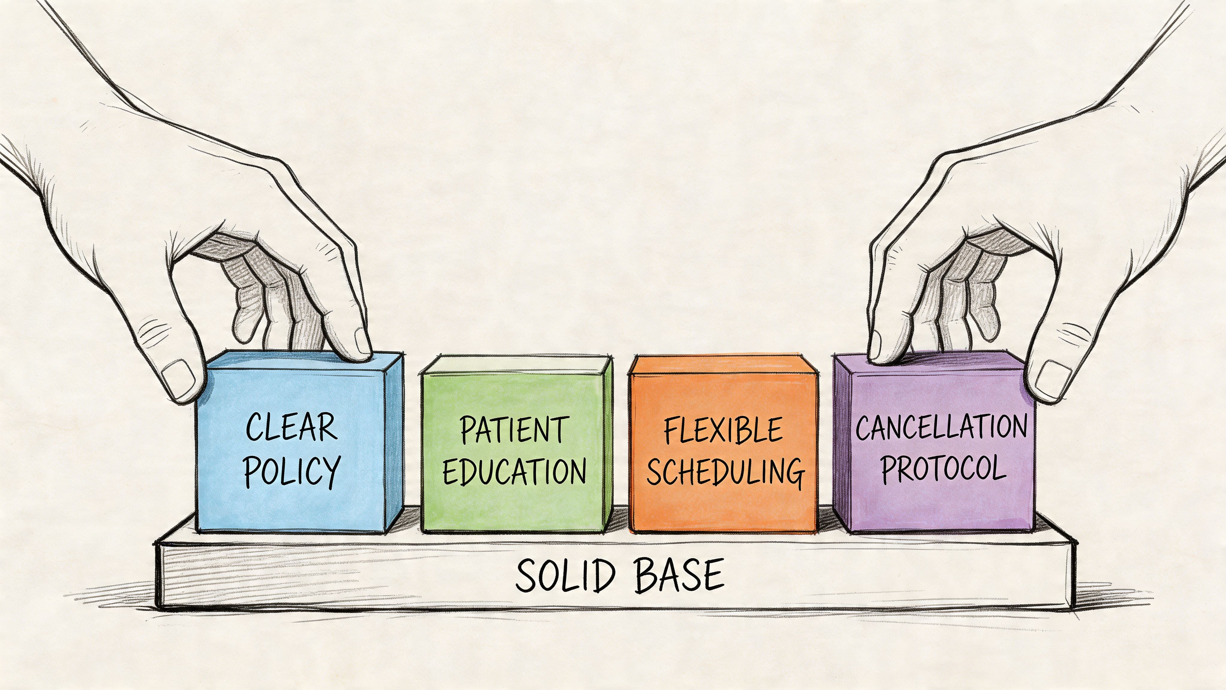 Hands placing colorful blocks labeled with strategies to reduce patient no-shows onto a solid foundation.