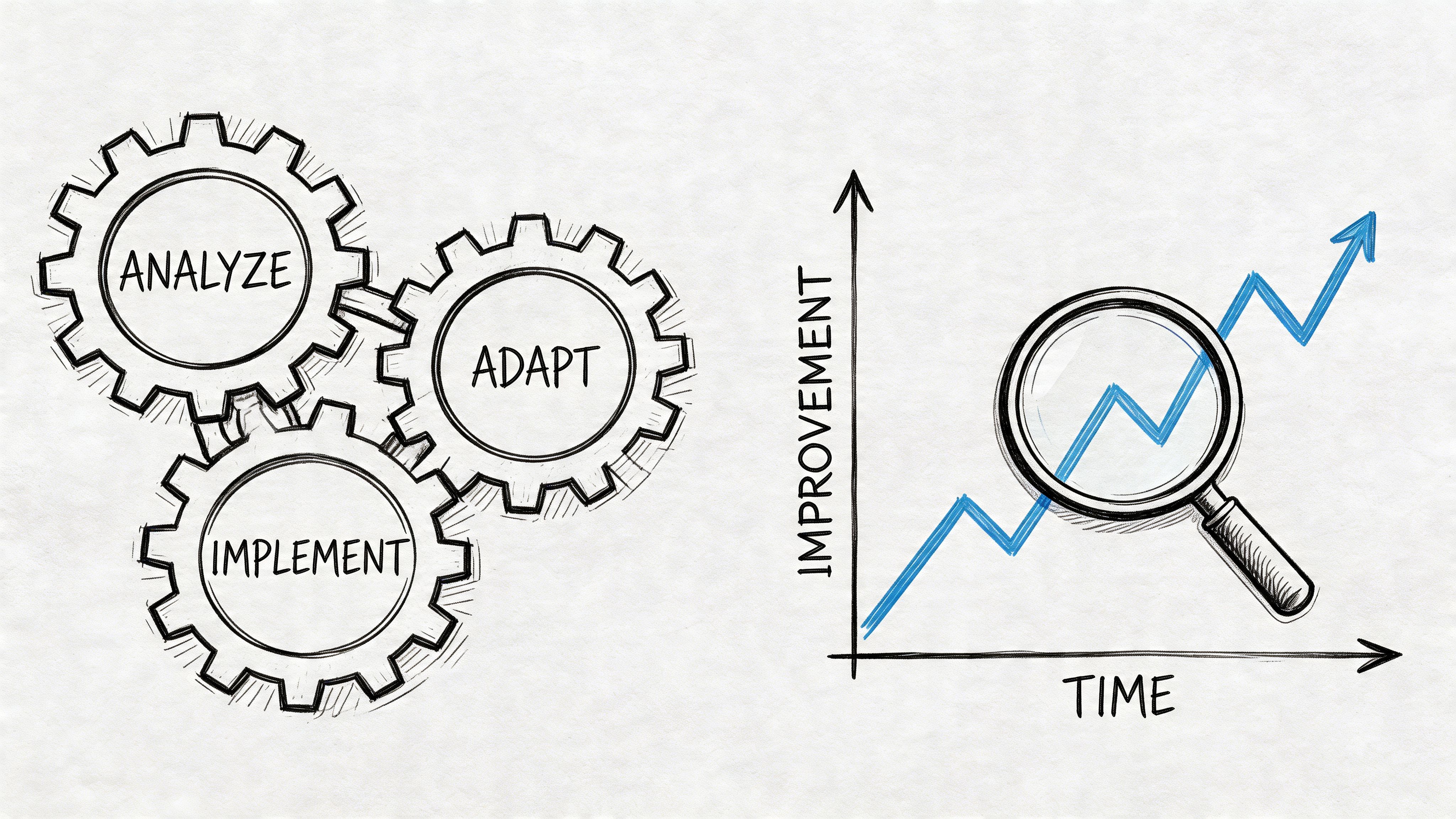 A hand-drawn illustration showing gears labeled Analyze, Adapt, and Implement next to a rising growth chart.