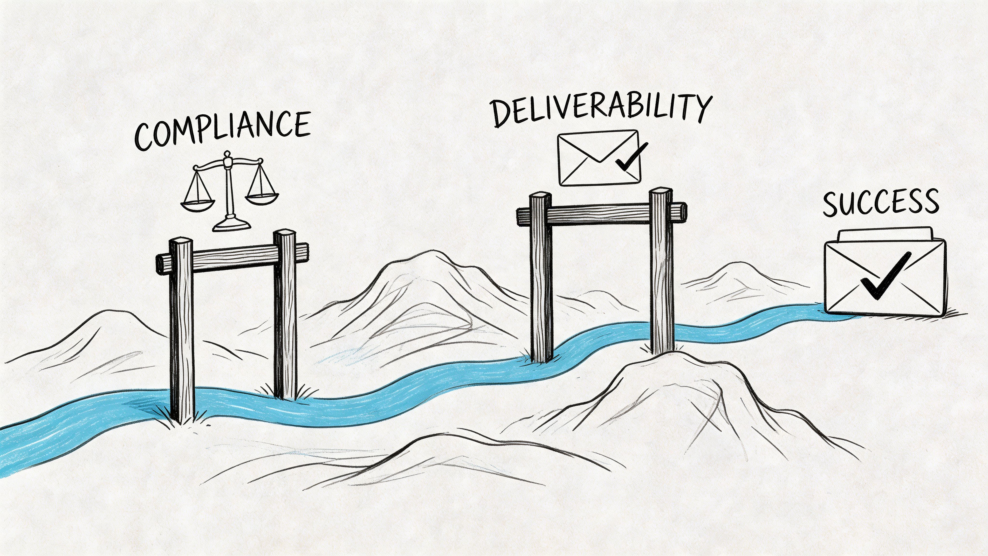 A hand-drawn illustration depicting a path flowing through compliance and deliverability gates leading to marketing success.