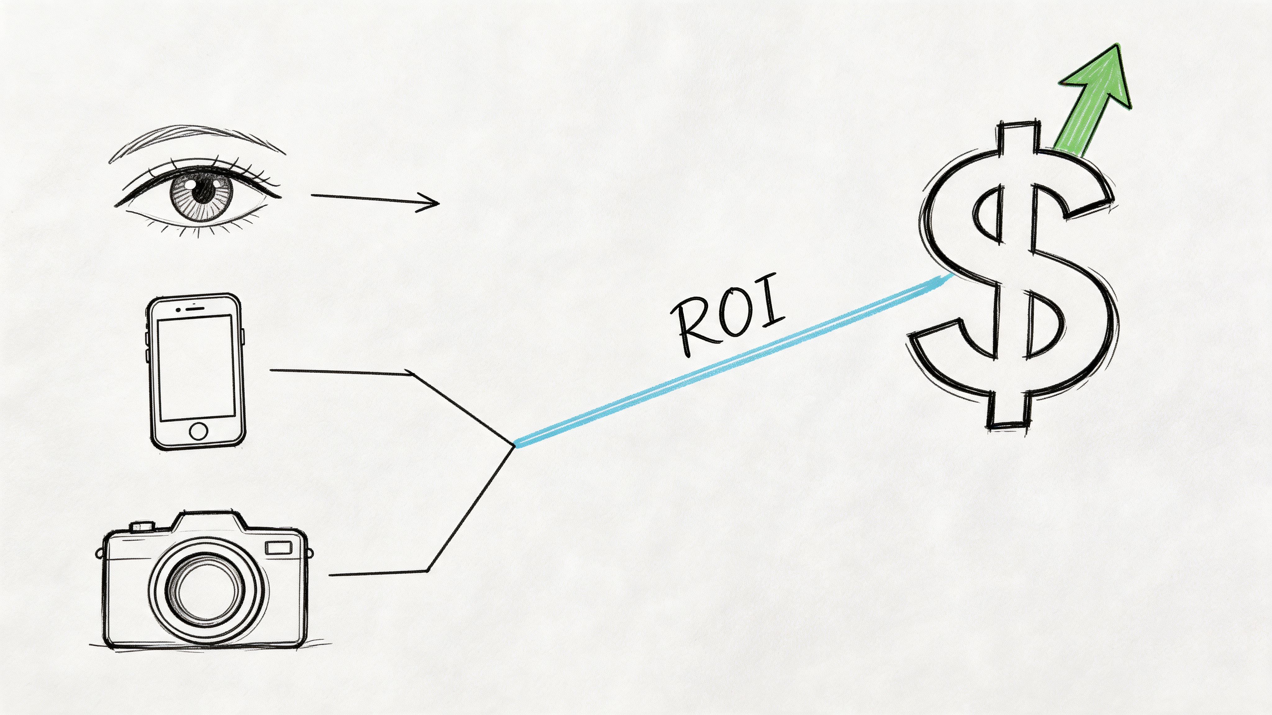 A conceptual sketch illustrating how mobile phones and cameras contribute to return on investment in marketing.