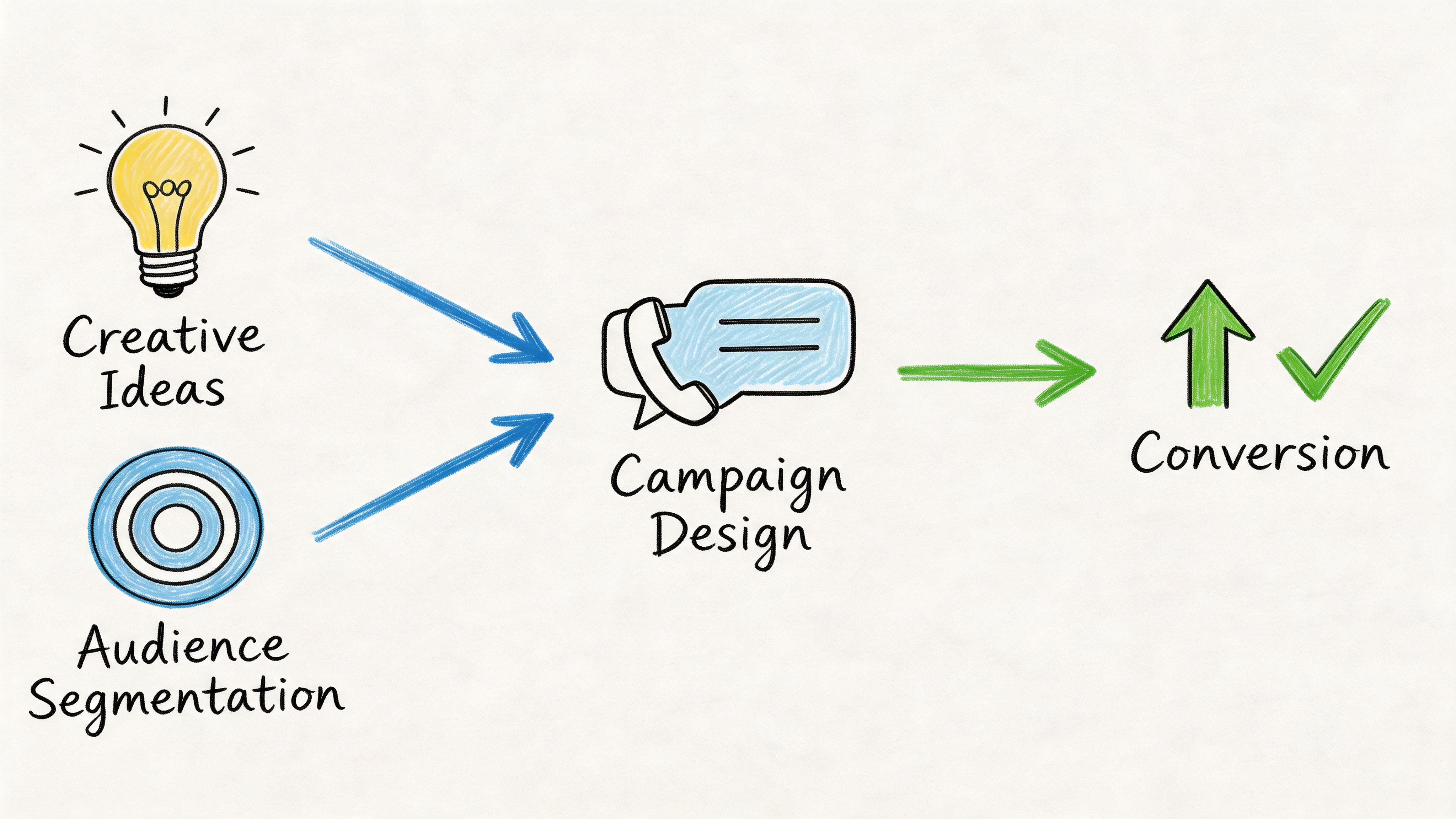 A conceptual diagram showing creative ideas and audience segmentation feeding into campaign design, leading to improved conversions.
