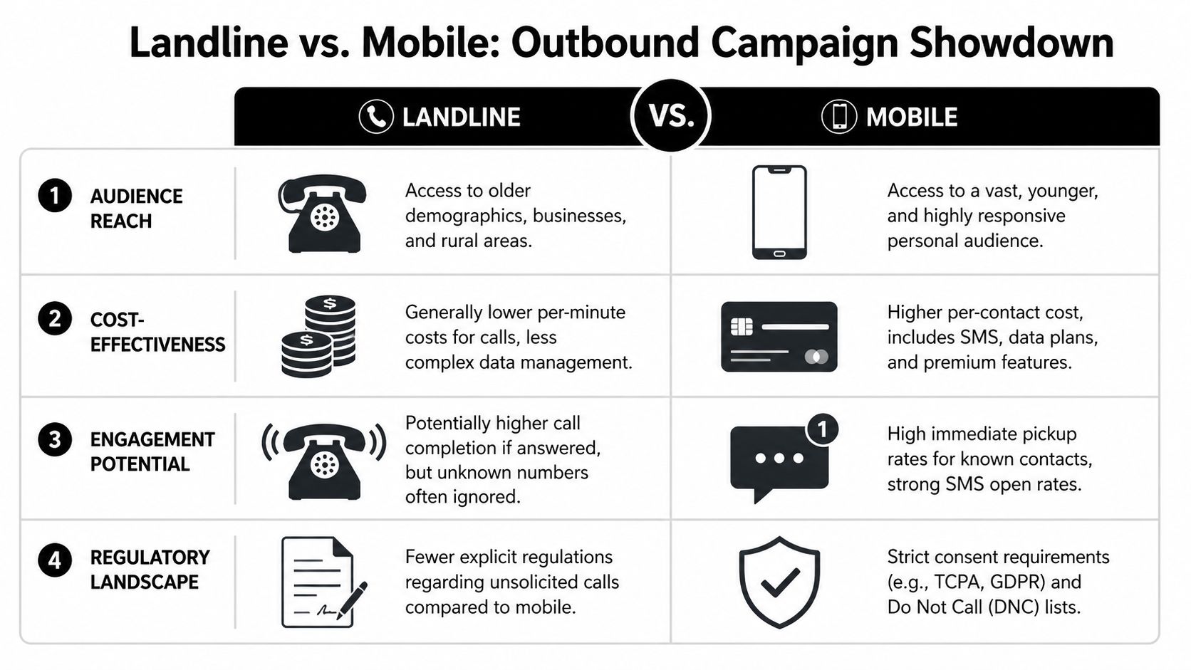 A comparison chart outlining the key differences between landline and mobile phone outbound marketing campaigns.