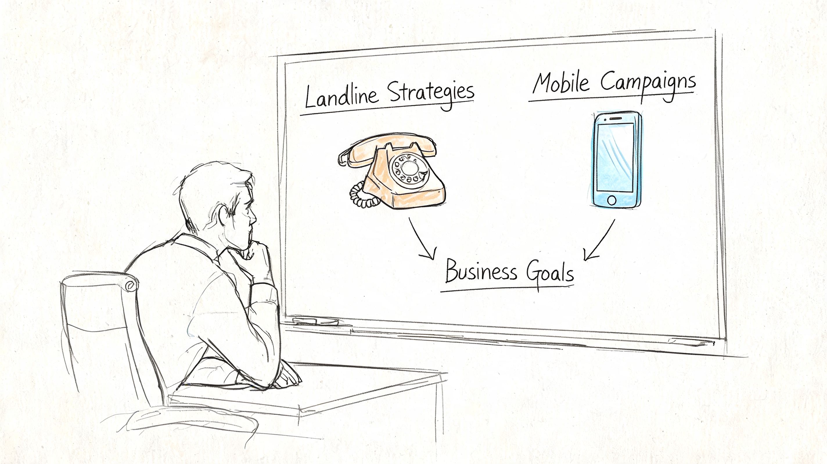 A man looks at a whiteboard illustrating the connection between landline strategies, mobile campaigns, and business goals.