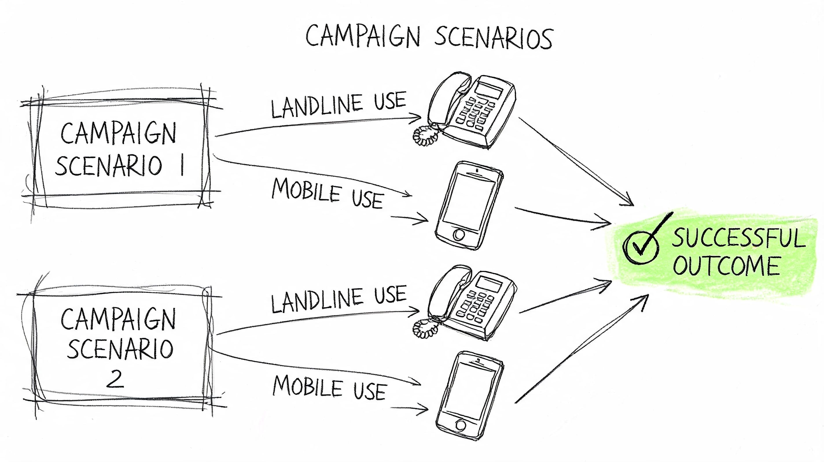 A diagram comparing two campaign scenarios using landline and mobile communication channels to achieve a successful outcome.
