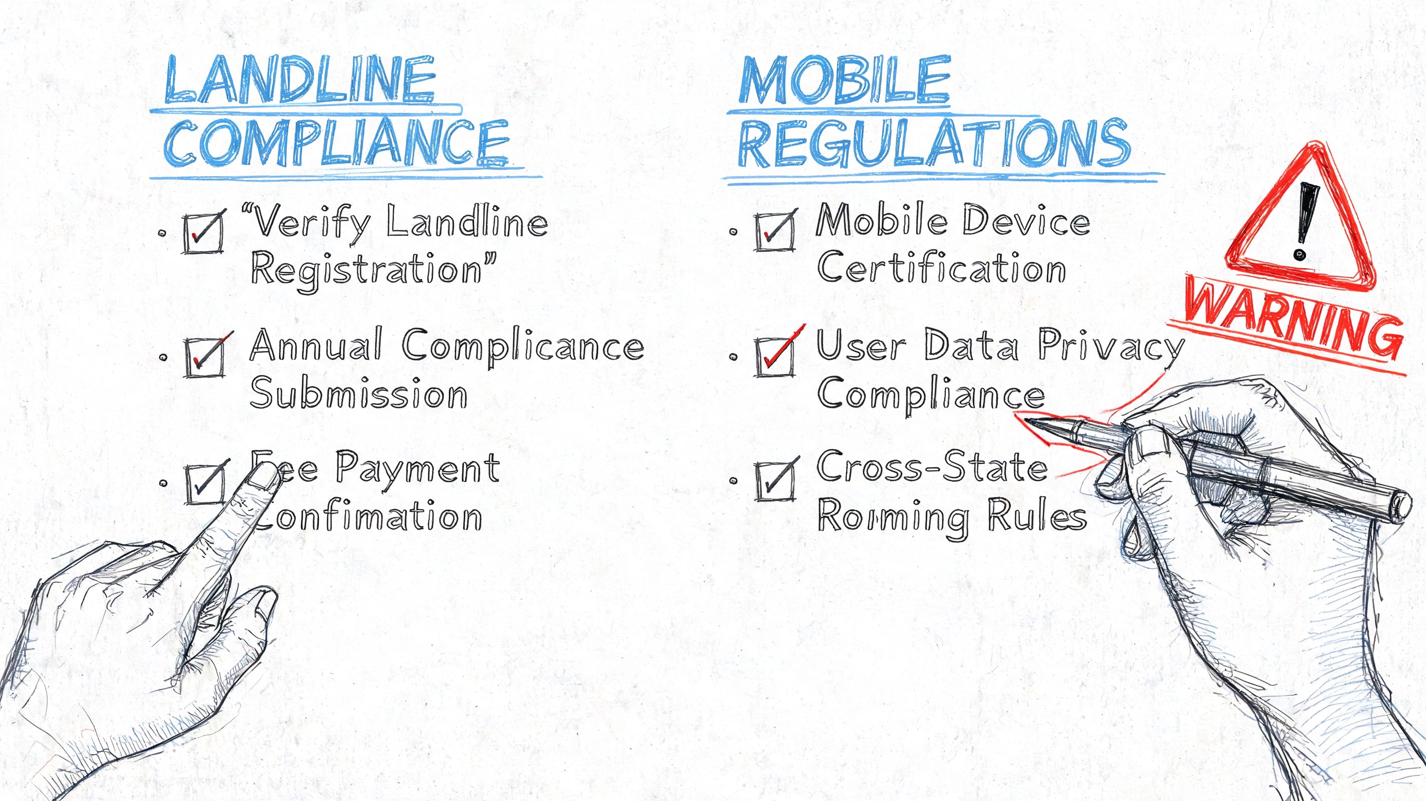 A hand-drawn illustration comparing landline compliance and mobile regulations with checkbox lists and a warning sign.