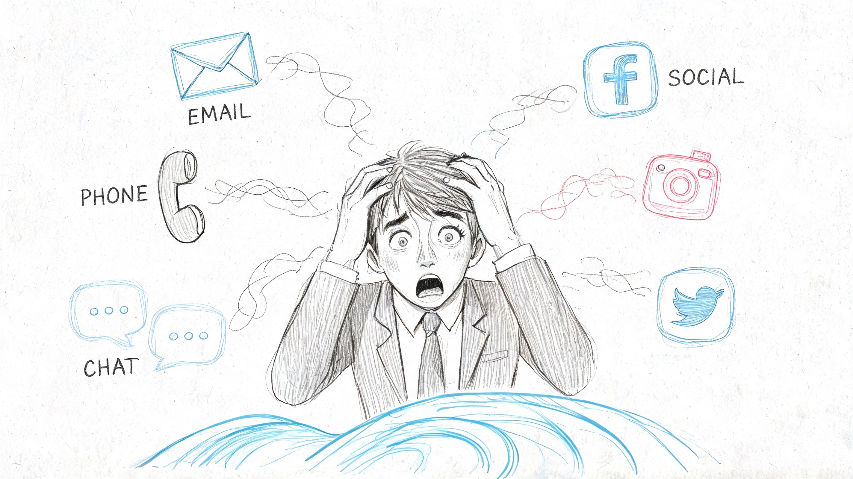 A distressed businessman overwhelmed by various digital communication channels like social media, phone, email, and chat.