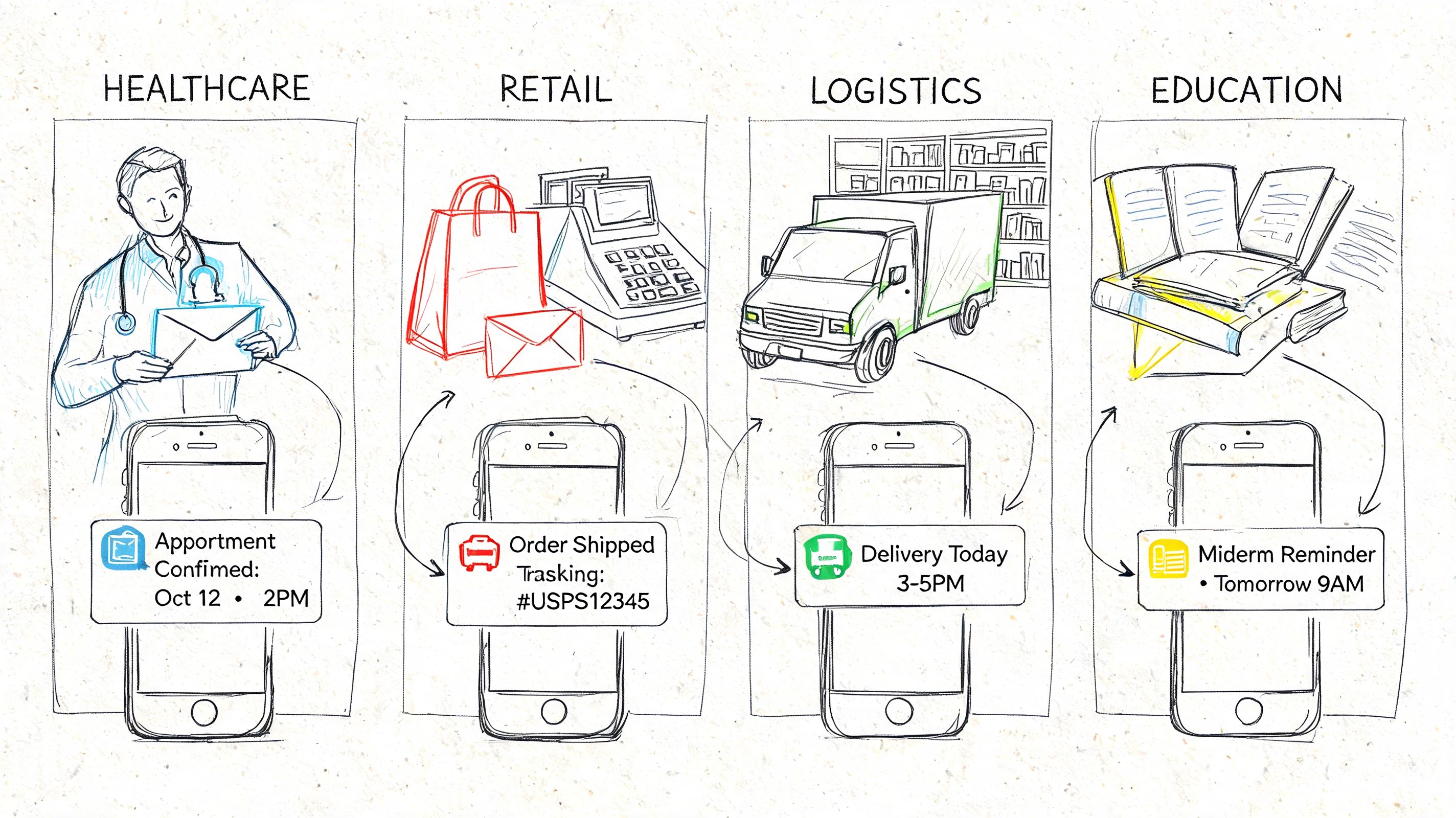 A diagram showing how a mail to SMS service connects healthcare, retail, logistics, and education notifications.