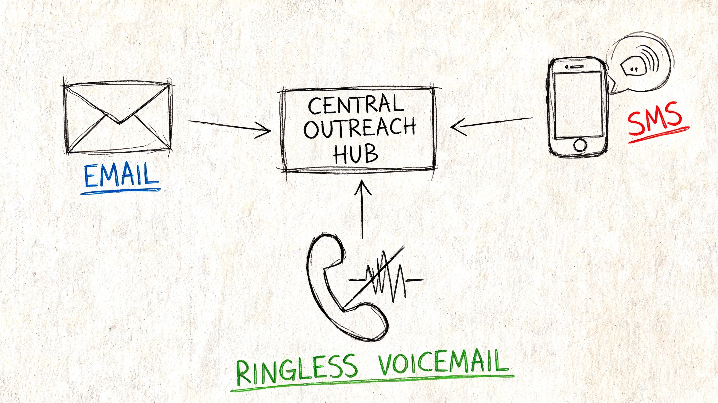 A hand-drawn diagram illustrating an email, SMS, and ringless voicemail connecting to a central outreach hub.