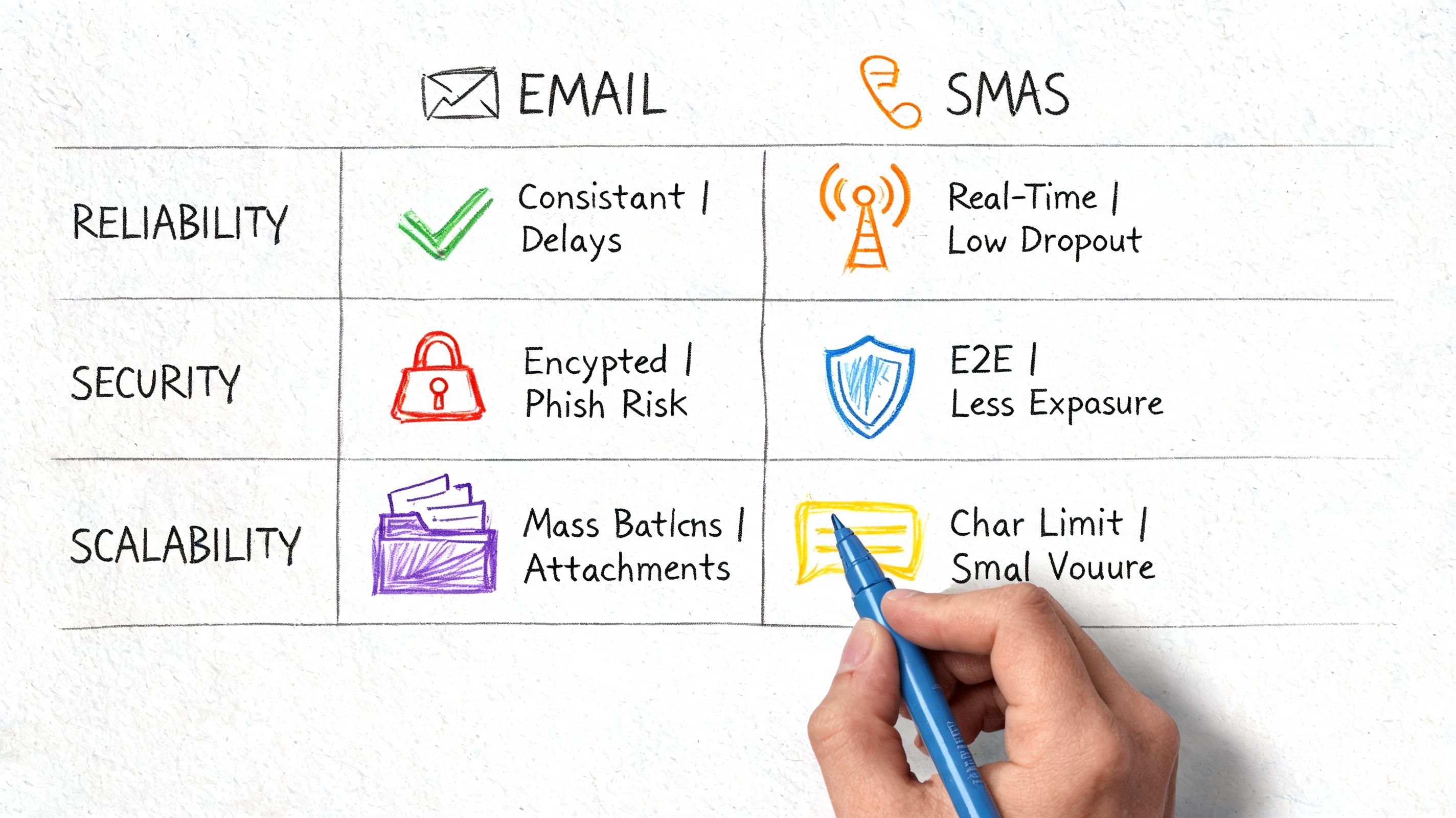 A comparative infographic illustrating the pros and cons of Email versus SMS communication channels for businesses.