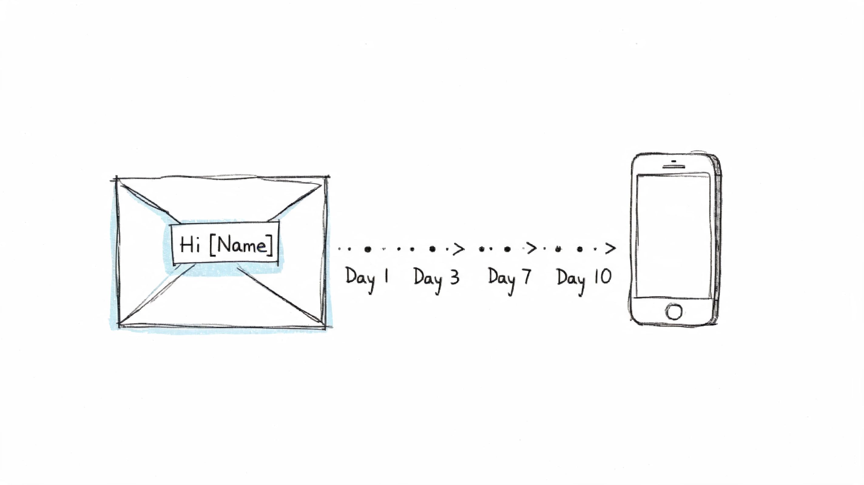 A sketched illustration showing an email message being sent to a mobile phone over ten days.