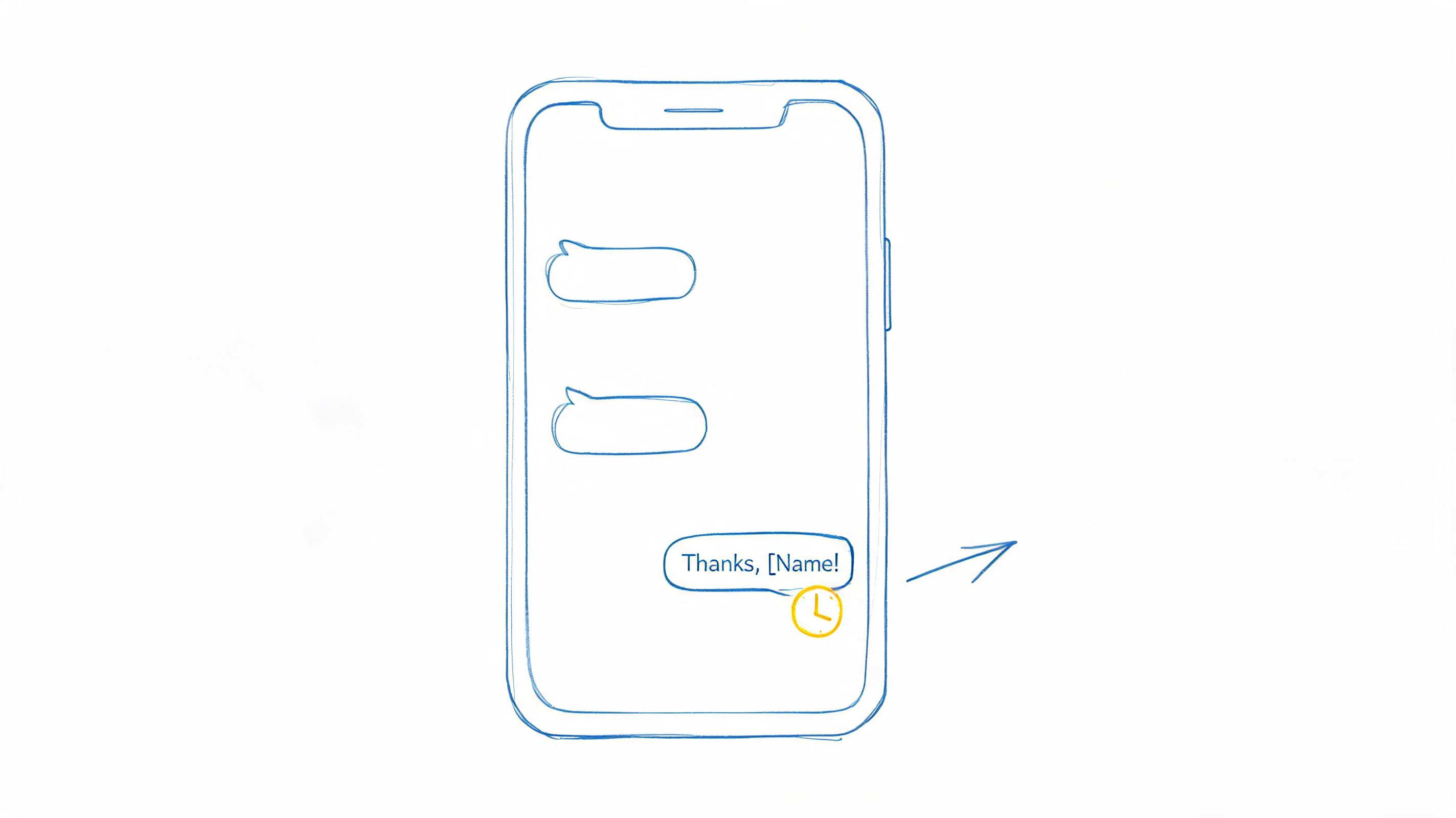 A hand-drawn sketch of a smartphone displaying text messages with a clock icon indicating a pending message.