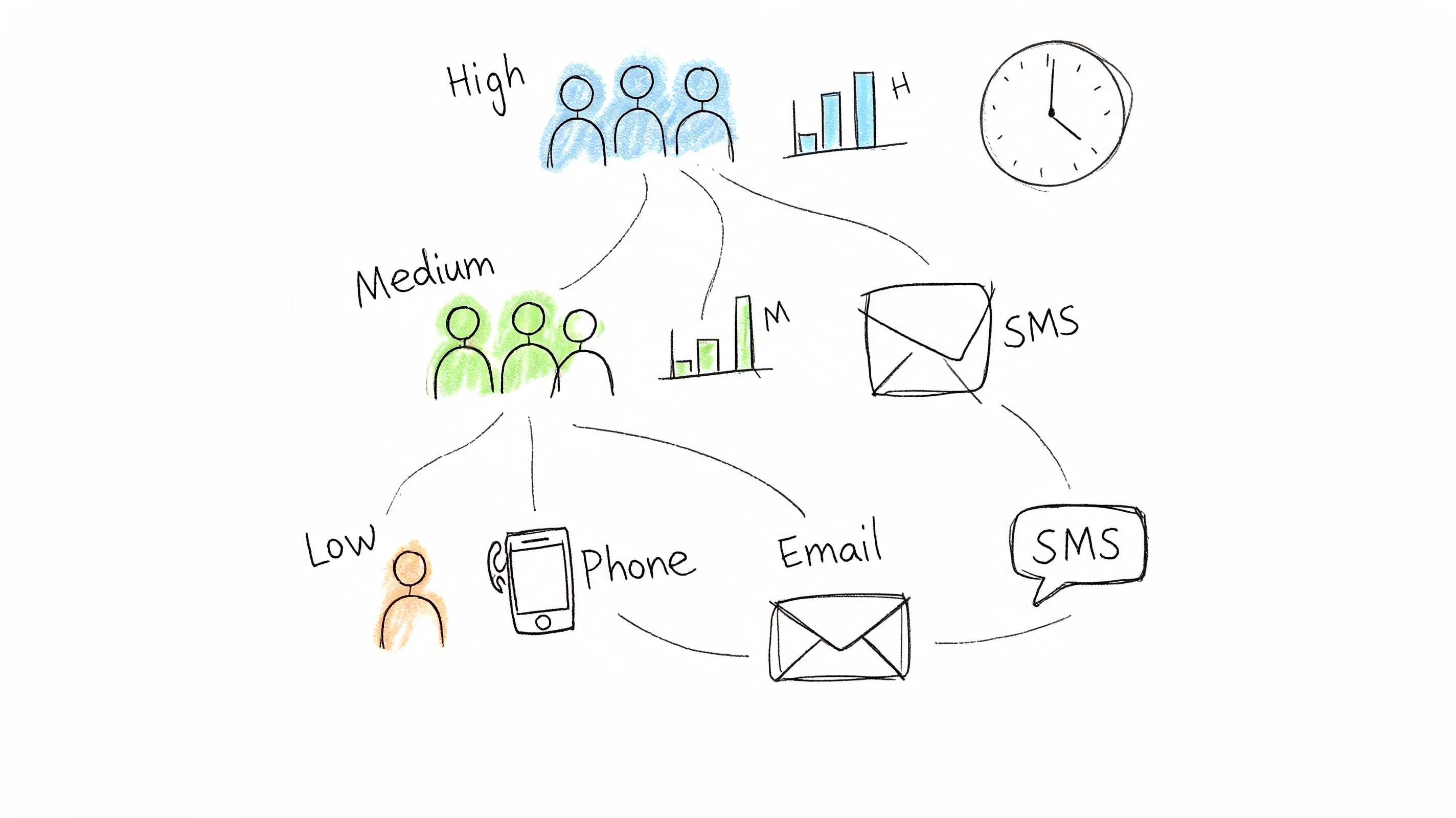 An infographic showing communication strategies categorized by priority levels of High, Medium, and Low with associated icons.