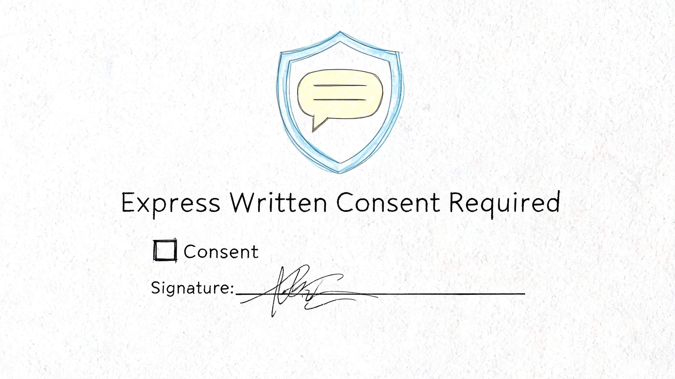 A document graphic showing a shield icon, title for express written consent, a checkbox, and signature line.