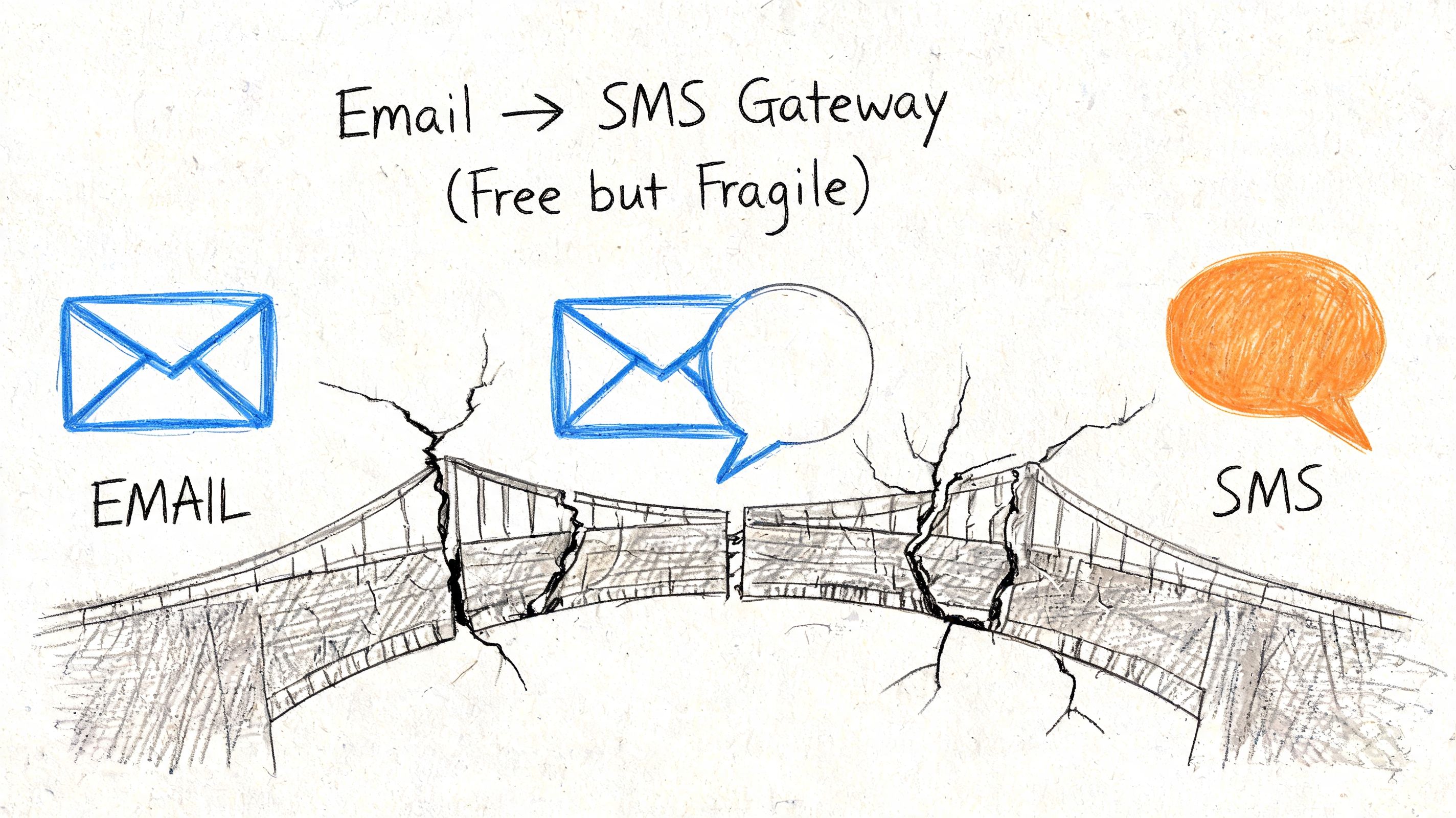 A hand-drawn illustration depicting a fragile, broken bridge representing an unreliable email to SMS gateway service.