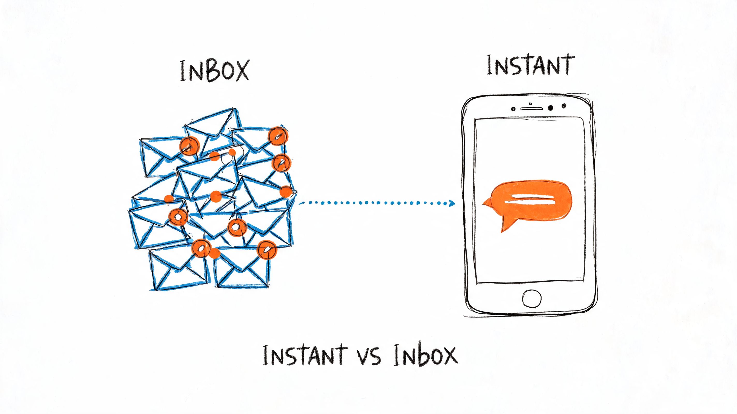 A hand-drawn illustration comparing a cluttered email inbox to a clean, instant messaging interface on a smartphone.