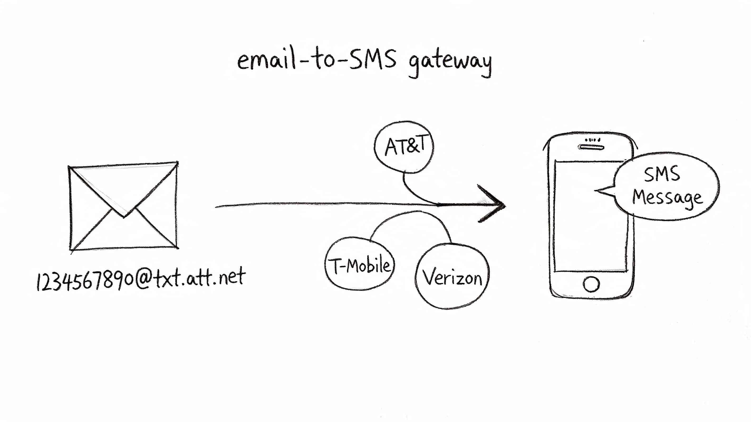 A diagram illustrating the email to SMS gateway process for sending text messages via email addresses.