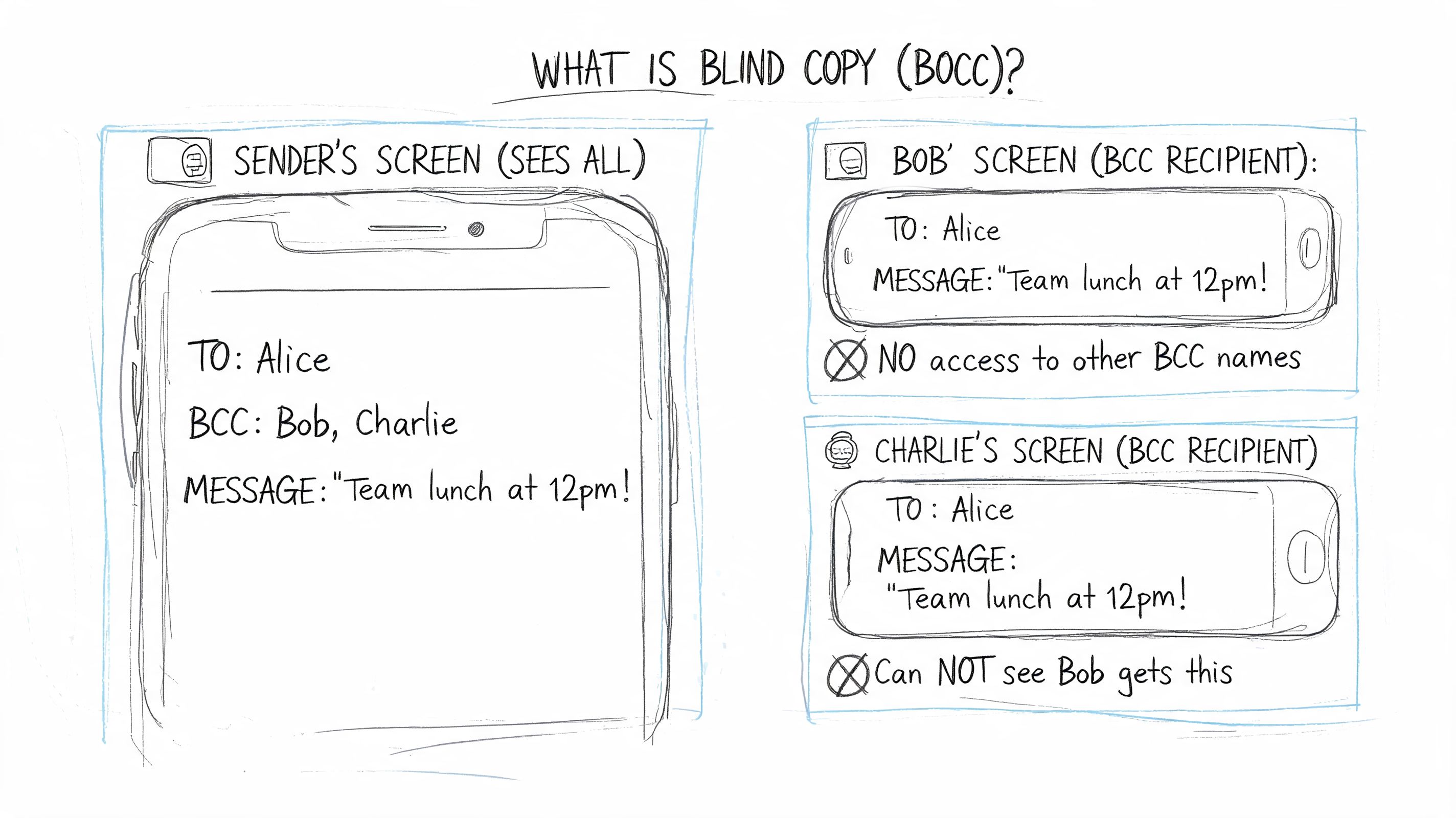 An educational infographic illustrating how blind copy works in group text messages between three different people.