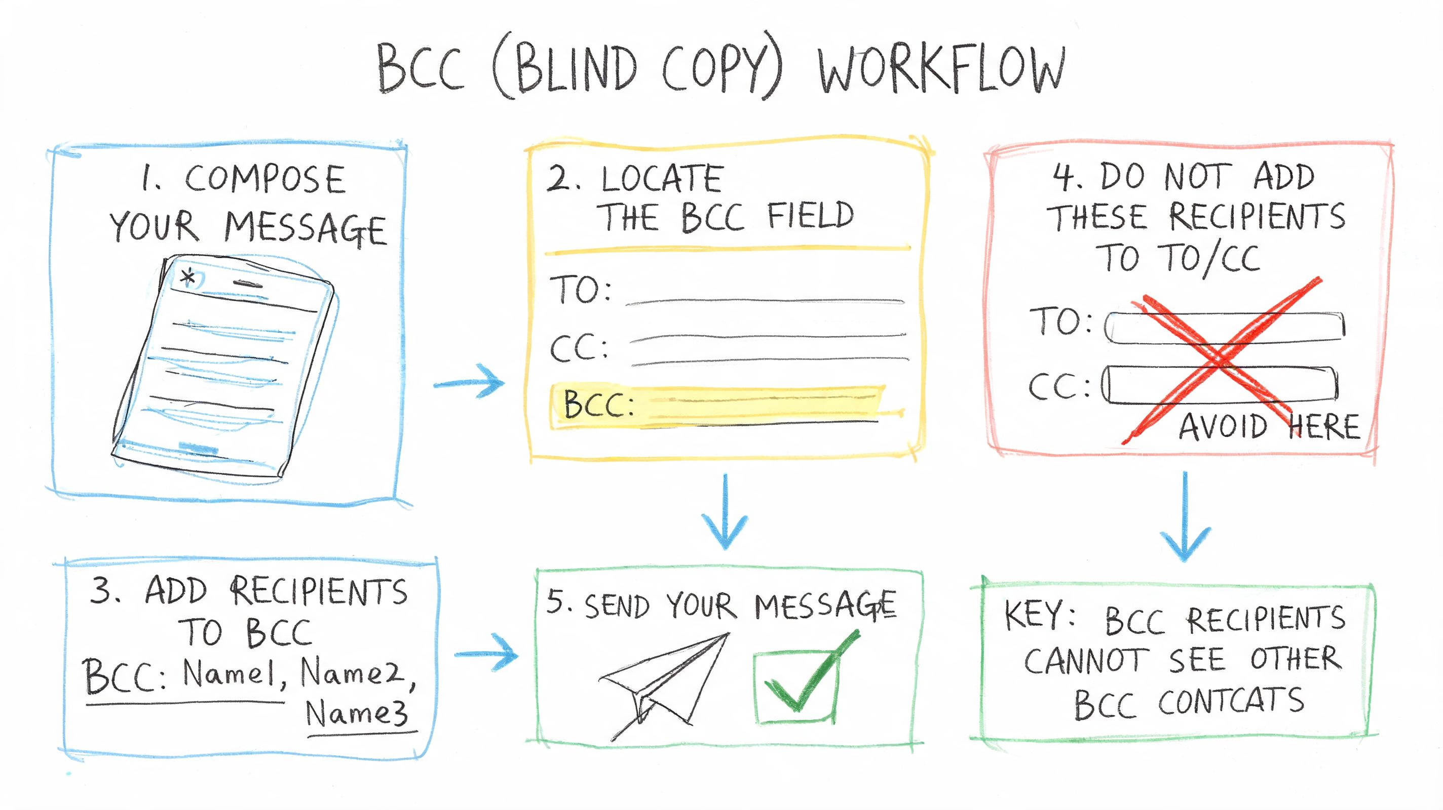A hand-drawn flowchart illustrating the five-step process for correctly using the BCC email feature for privacy.