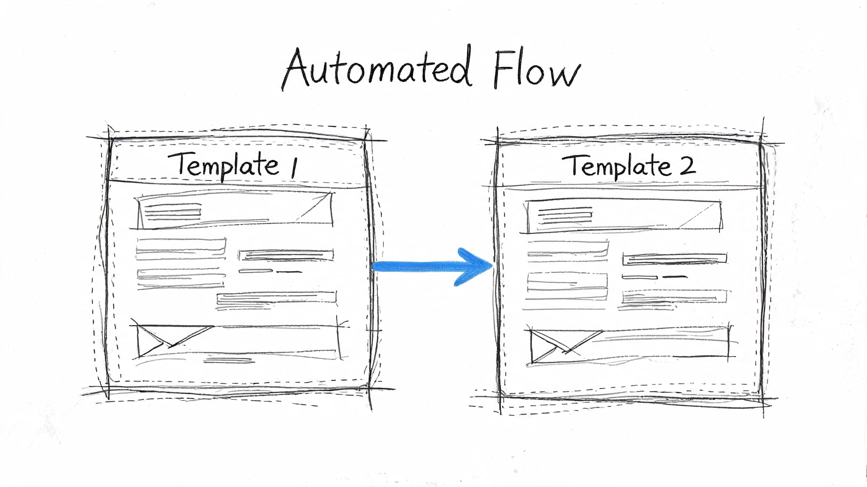 A hand-drawn sketch showing an automated flow from Template 1 to Template 2 with a blue arrow.