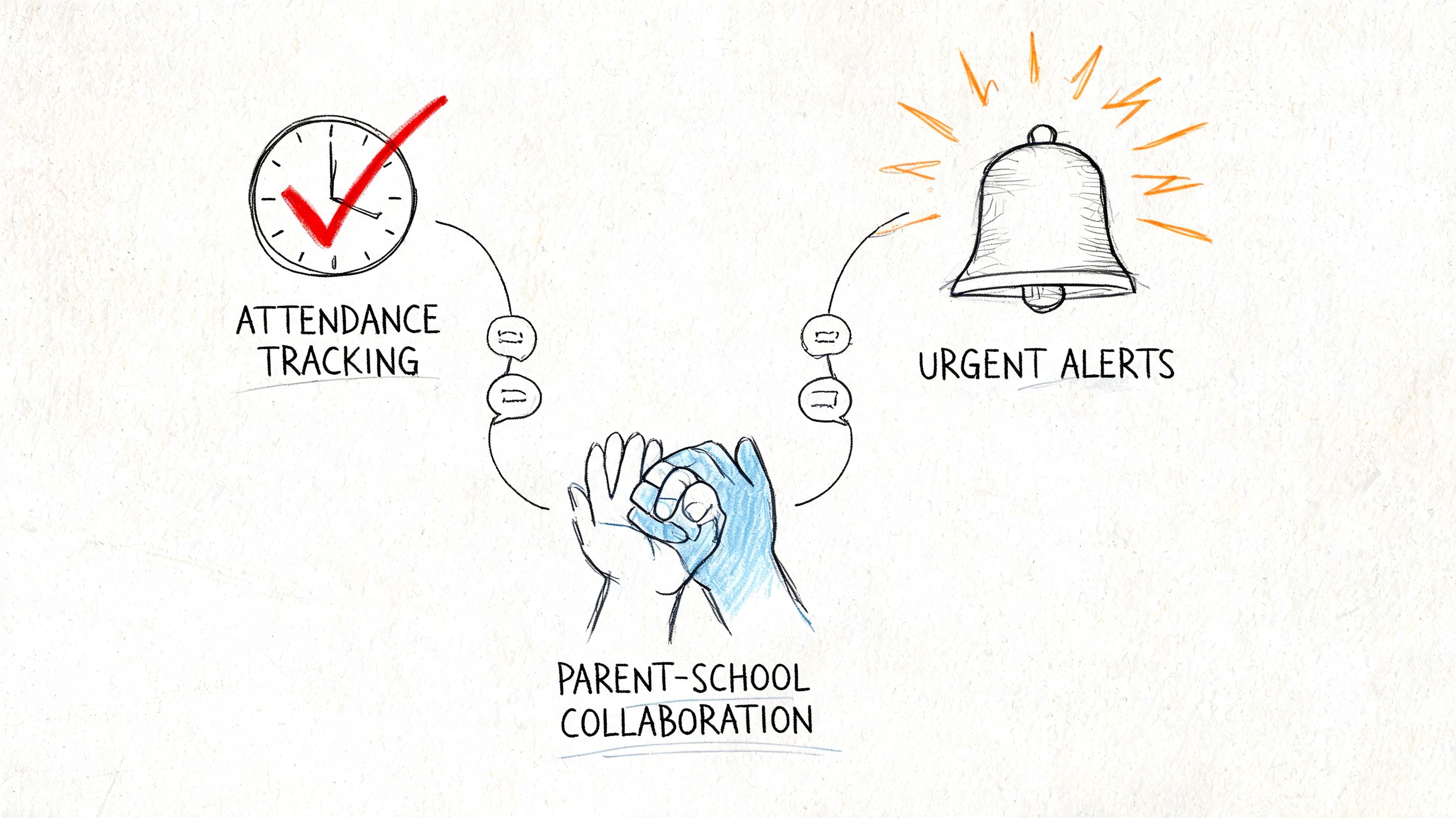 A hand-drawn illustration showing school attendance tracking and urgent alerts connected to parent-school collaboration through communication bubbles.
