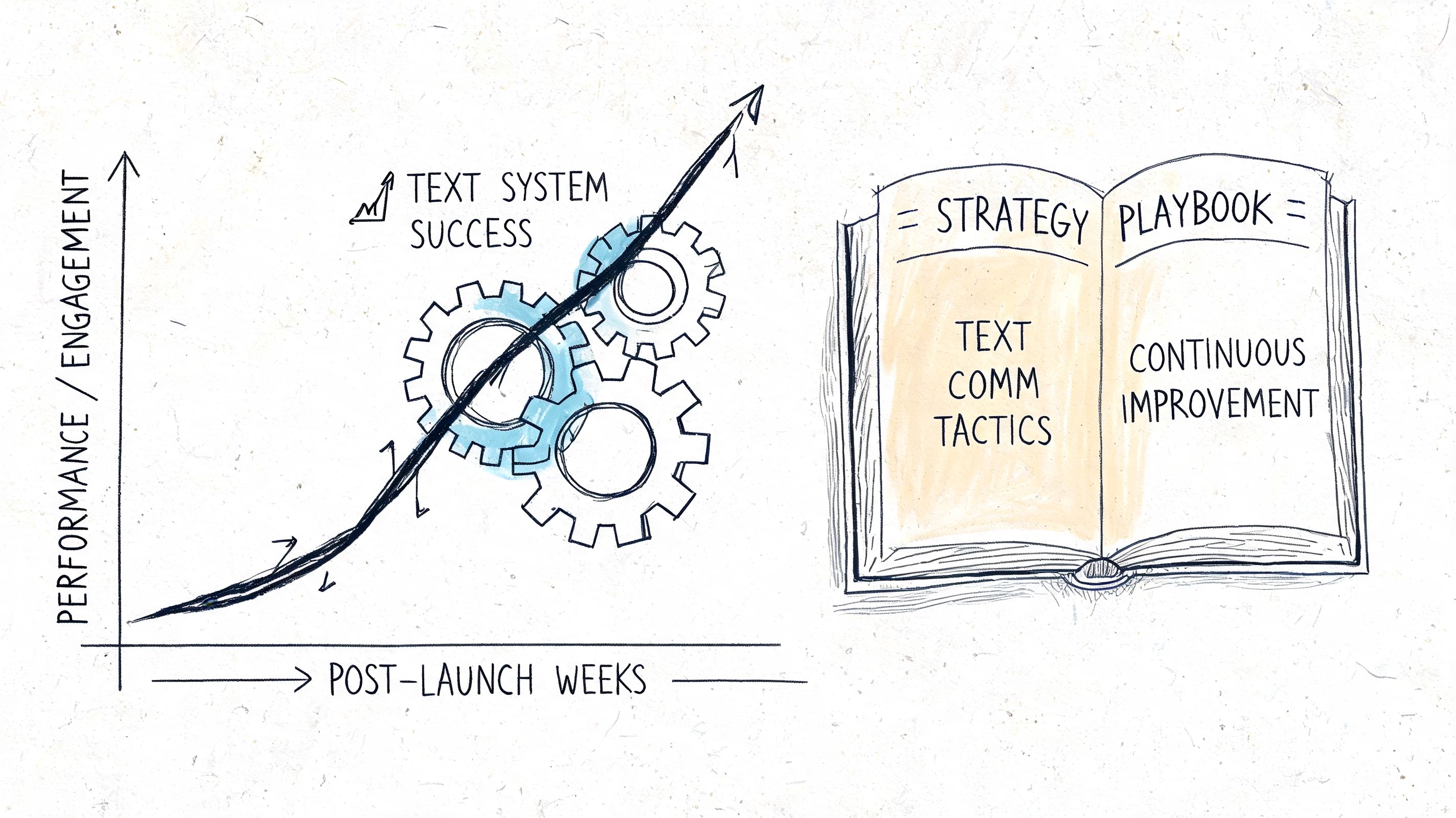 A diagram illustrating text system success over time alongside a playbook for communication and continuous improvement strategies.