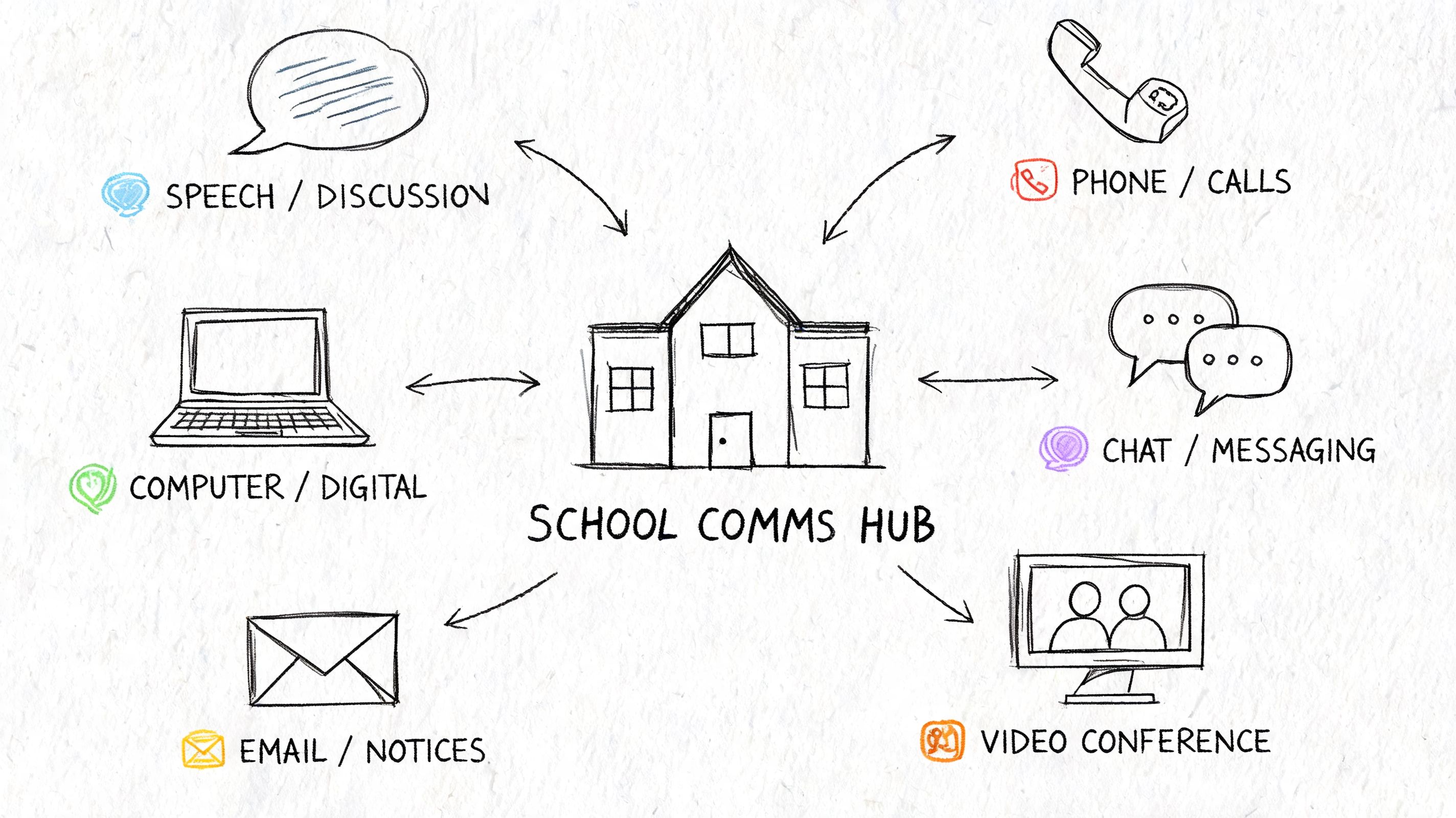 A hand-drawn diagram illustrating a School Comms Hub connected to various communication tools and messaging methods.